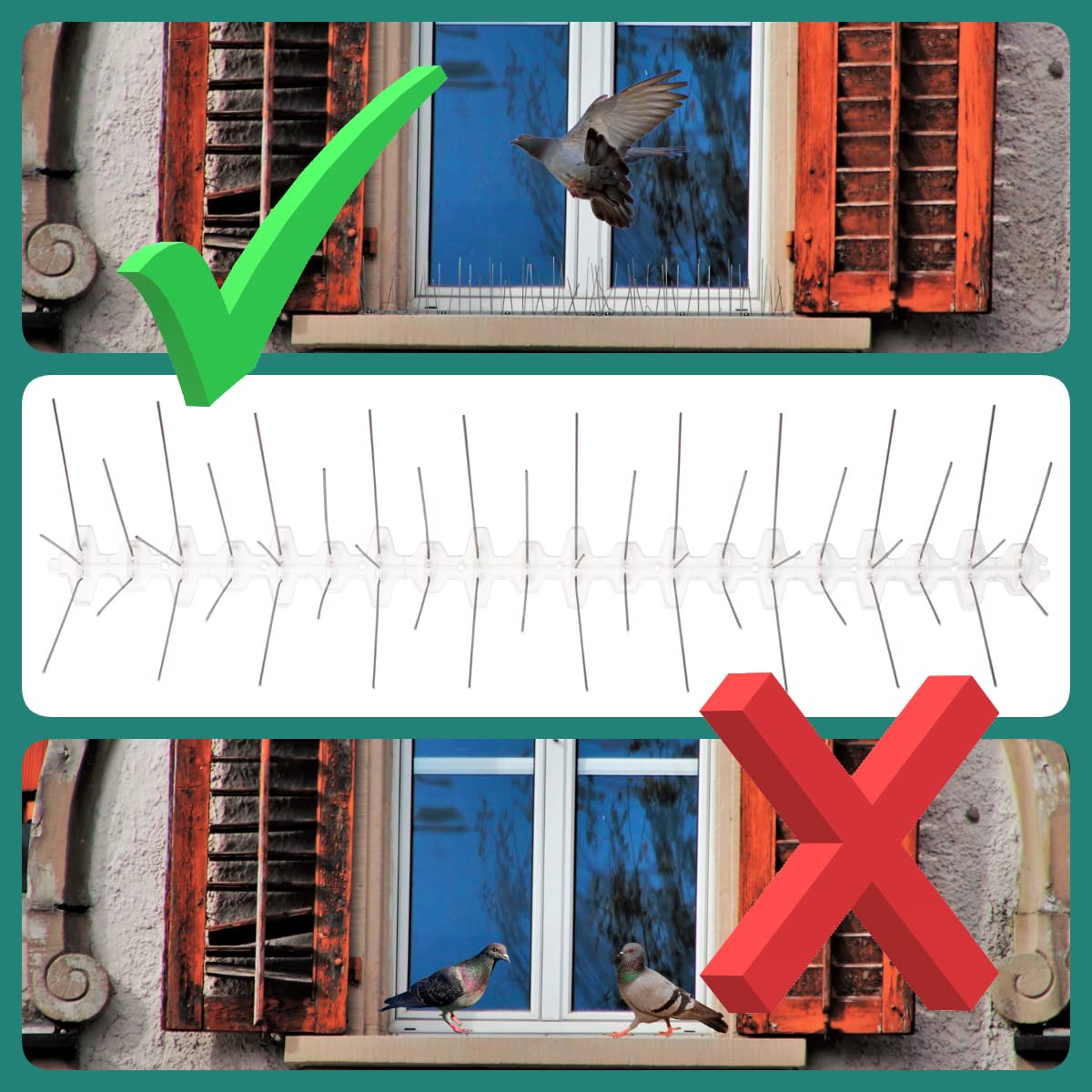 PRIOstahl Ahuyentador de palomas y pájaros con placa base de plástico, 5 filas, 15 metros (30 x 0,50 cm), protección contra pájaros, para balcón, techo, ventana, resistente a los rayos UV y al óxido,