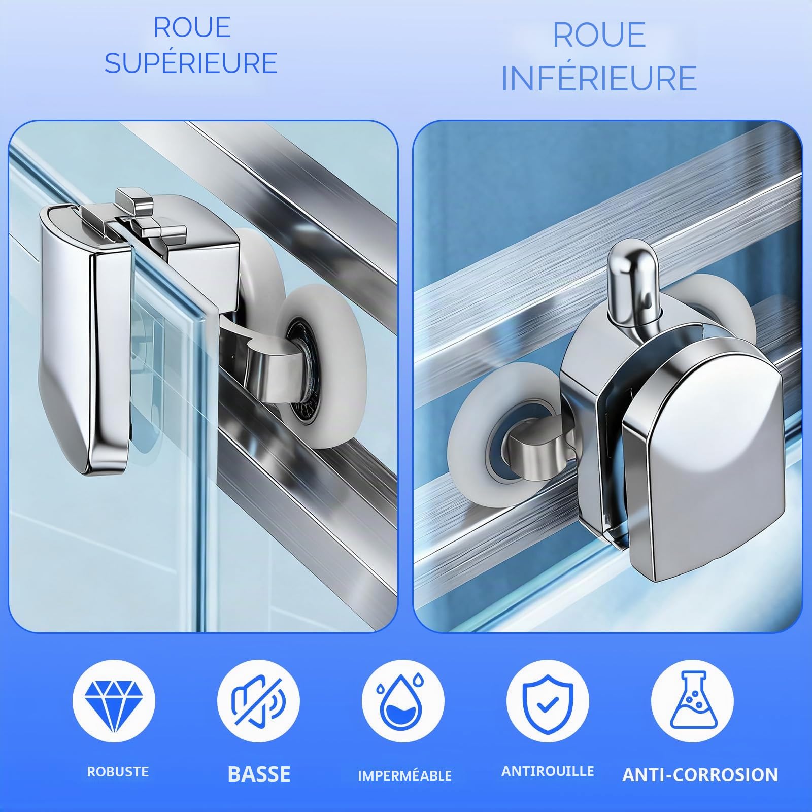 YOUNGSAY 8 PCS Roulette Porte Coulissante Douche 25mm, Silencieux et Durables Roulette Porte de Douche avec Blocs Anti-Collision et Vis pour Portes en Verre de 4 à 6mm (4 en Haut et 4 en Bas)