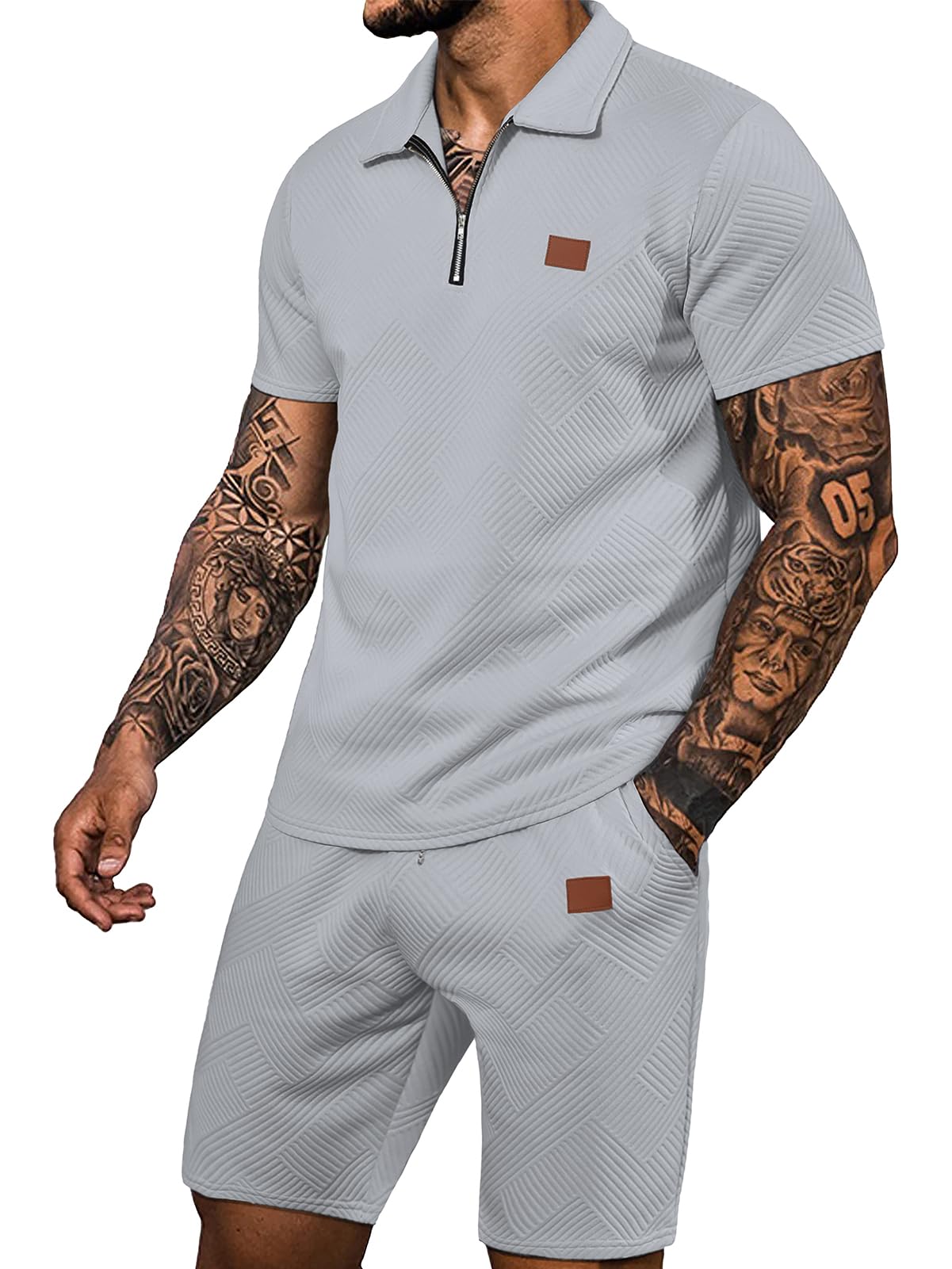 Ryehack Men's 2 Piece Sweatsuits Outfits Jacquard Zip Polo Shirt Sweatshirt Joggers Sweatpants Tracksuit Set