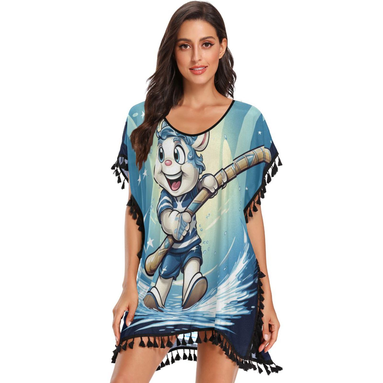 Cartoon Sea Unicorn Women's Beach Cover Up Chiffon Tassel Swimwear Swimsuit Coverups for Girl