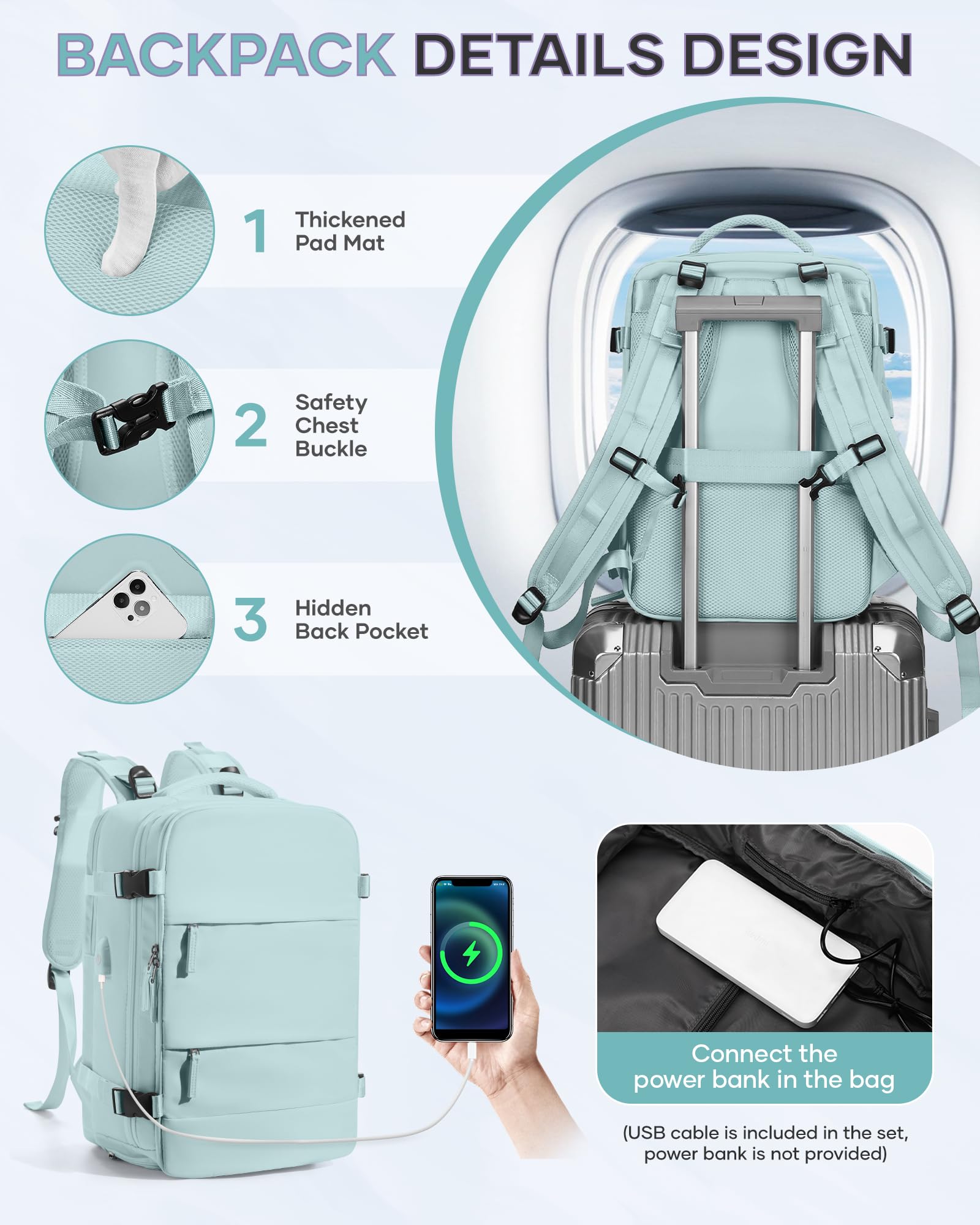 BJLFS Borse da Cabina per Ryanair 40x30x20 Zaino Wizzair Sottovuoto da viaggio 40x20x25 Bagaglio a Mano con compressione sottovuoto,Zaino Easyjet 45x36x20,Zaini Casual per laptop da 14 pollici