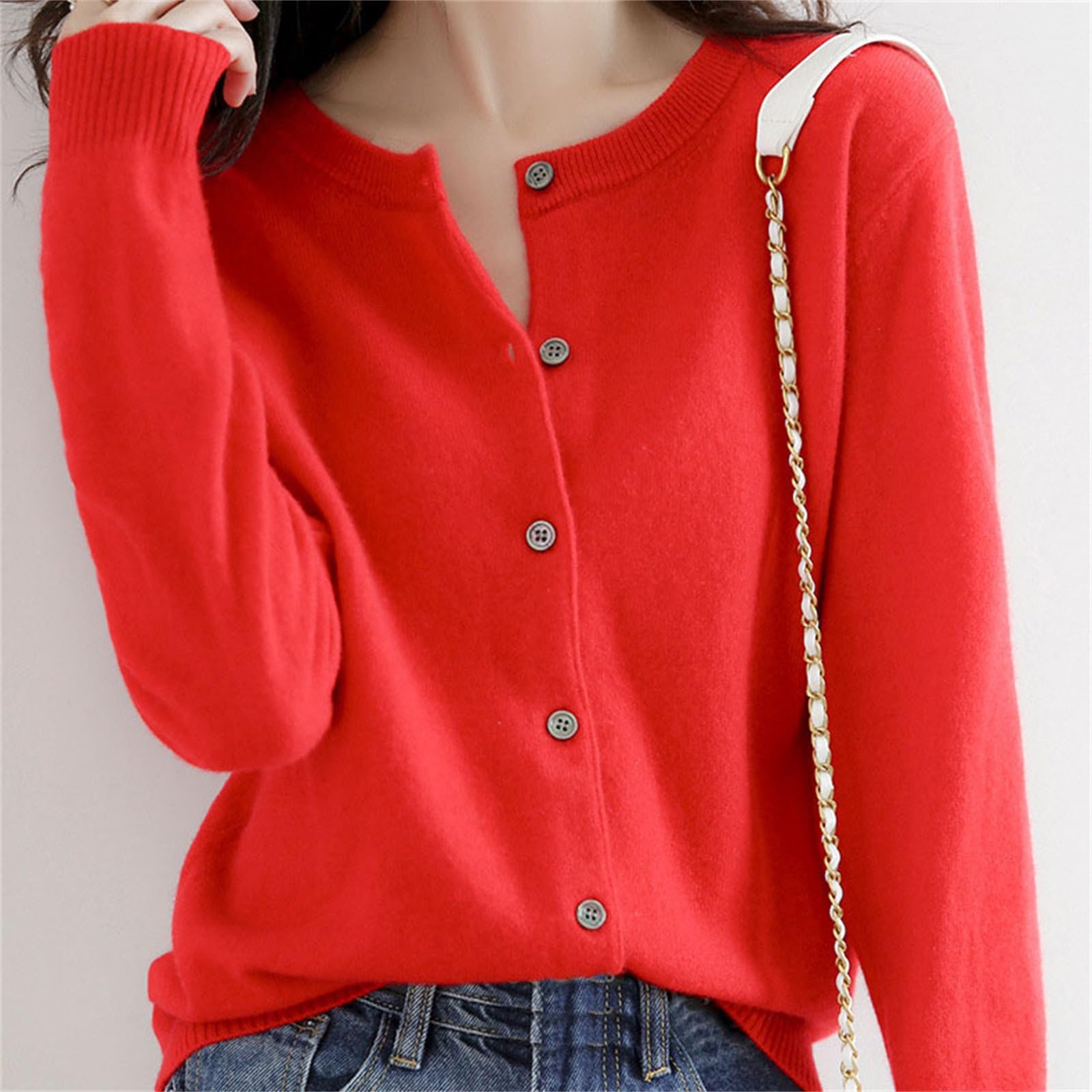 Generisch Cárdigan de cachemira para mujer, cárdigan fino de manga larga, suéter de punto de otoño, chaqueta de punto de color liso, manga larga, cuello redondo, suéter de punto para primavera