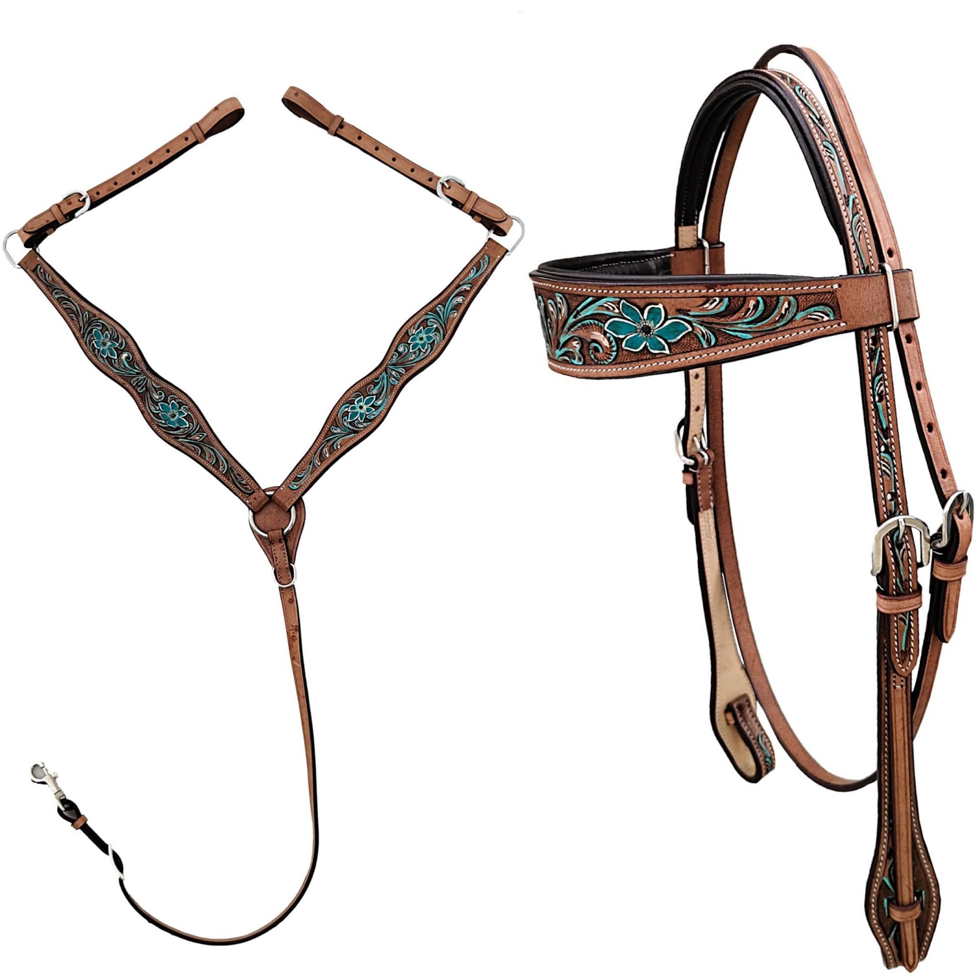Majestic Ally Juego de collar de pecho y cabeza occidental de cuero hecho a mano, tachuelas clásicas occidentales, múltiples estilos y diseños