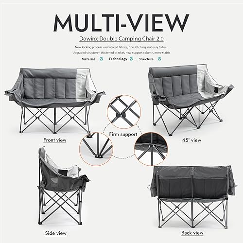 Miniatura 3 de Dowinx Silla de campamento doble, sofá biplaza plegable de gran tamaño con asiento acolchado, silla de césped portátil resistente de 660 libras con