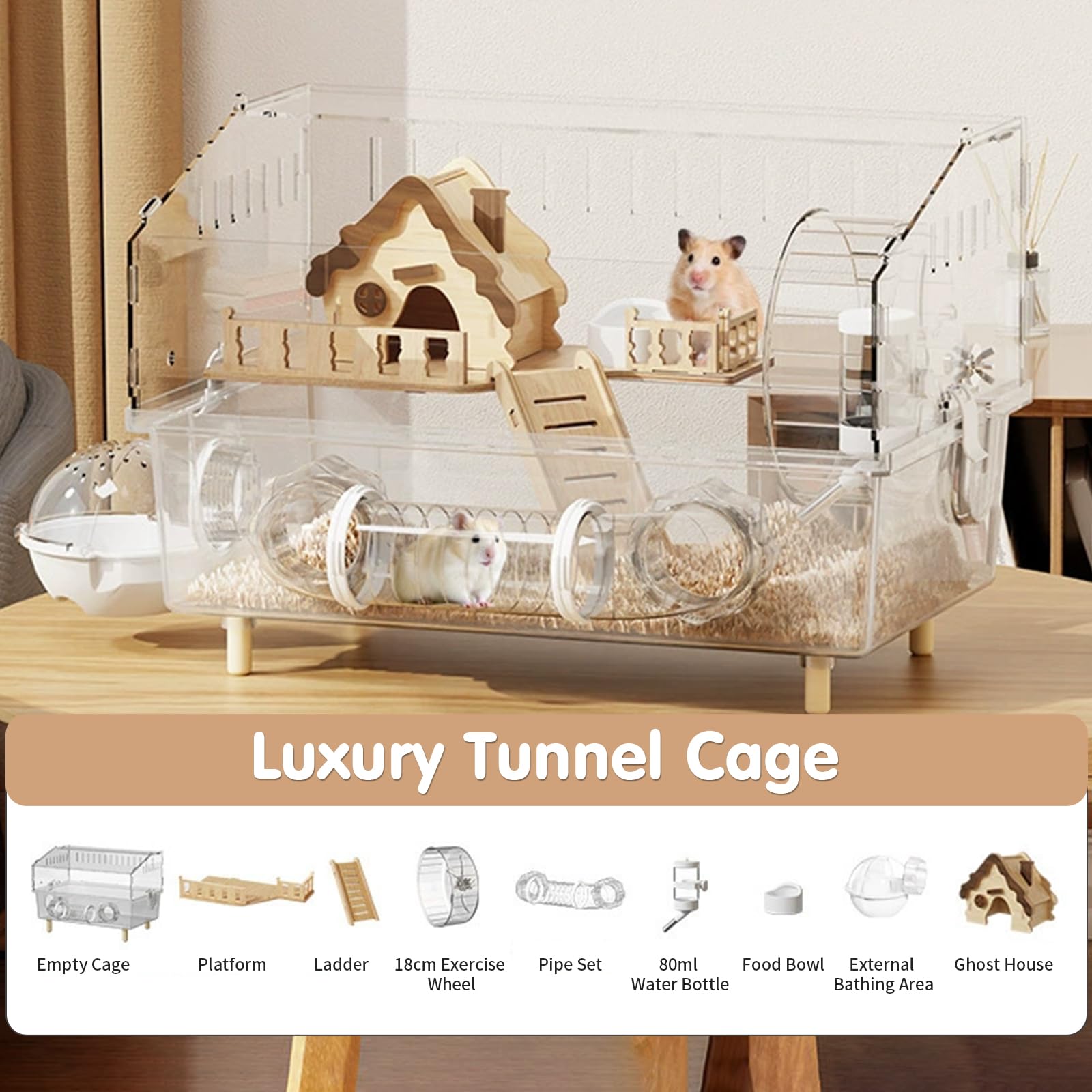 Gabbia per criceti in acrilico con accessori, trasparente gabbia per roditori 45×30×33 cm con ruota, tunnel, casetta in legno, abbeveratoio e ciotola per cibo – Grande gabbia per piccoli animali per