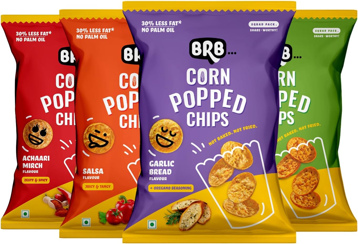BRB Corn Popped Chips - 4 Flavours | Not Fried. Not Baked | 30% Less Oil, No Palm Oil, Healthy Snack | 4 x (48g/ 51g) Combo Pack (weight may vary)