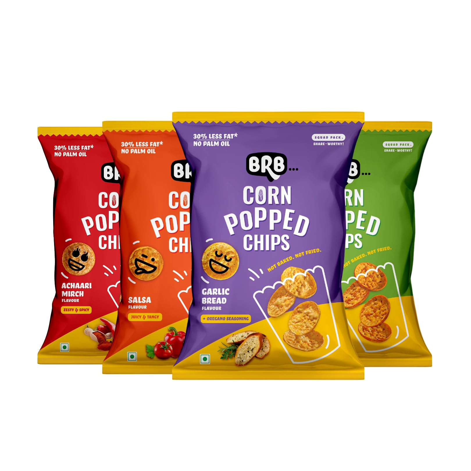 BRB Corn Popped Chips | Popcorn & Nachos Upgraded | Not Baked, Not Fried | Crunchiest & Tastiest Snacks | 4 Flavours - Red Chili Chataka, Garlic Bread, Salsa, and Cheese & Olive | Assorted Pack | 4 Packs X 48 Grams-image-3