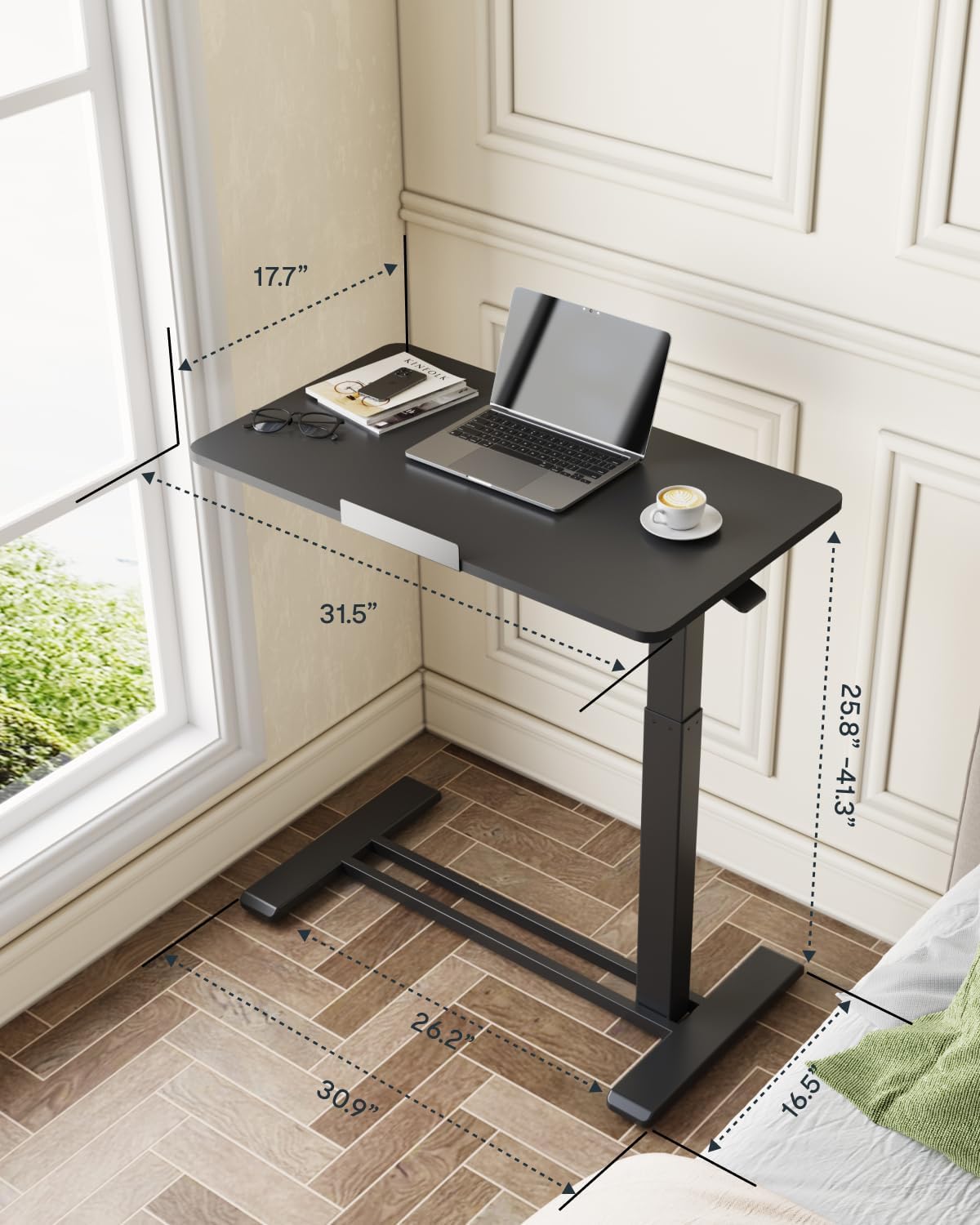 FLEXISPOT H7 PRO Mobile Standing Desk Adjustable Overbed Table Pneumatic with Wheels 90°Tiltable Portable Laptop Desk Rolling Computer Cart Foldable Bedside Table(31.5" W x 17.7" D D, Black)