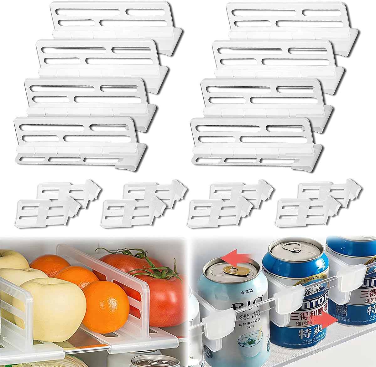 16Pcs Fridge Divider set, 8 Bigger Refrigerator Dividers for Glass Shelves in Freezer Cupboard Cabinet Drawer, with 8 Smaller Adjustable Fridge Dividers for Fridge Door Organizer Grid Separator.