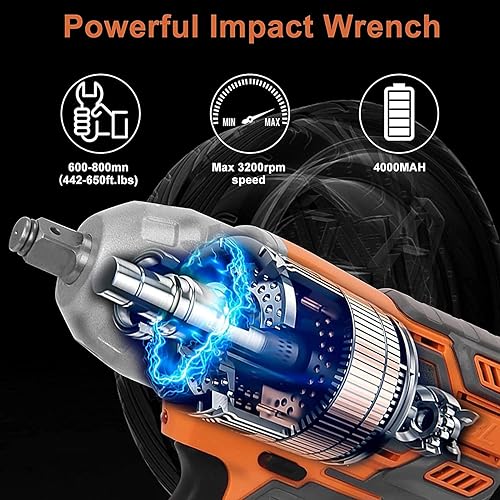Miniatura 2 de Llave de impacto inalámbrica de 12 pulgada Impack Gun 21V Power Impact Driver Impack Drill Max Torque 442Ft-lbs (600N.m) 3200RPM Li-ion 4.0AH