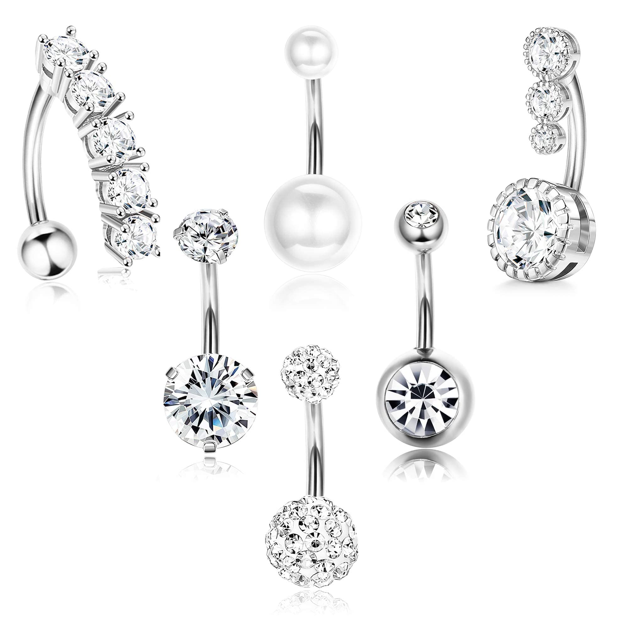 FIOROYAL6Piezas 14G Piercing Ombligo Acero Quirúrgico para Mujer Forma de Barra Curvada y Circonita Cúbica Perla Ombligo Piercing Plata