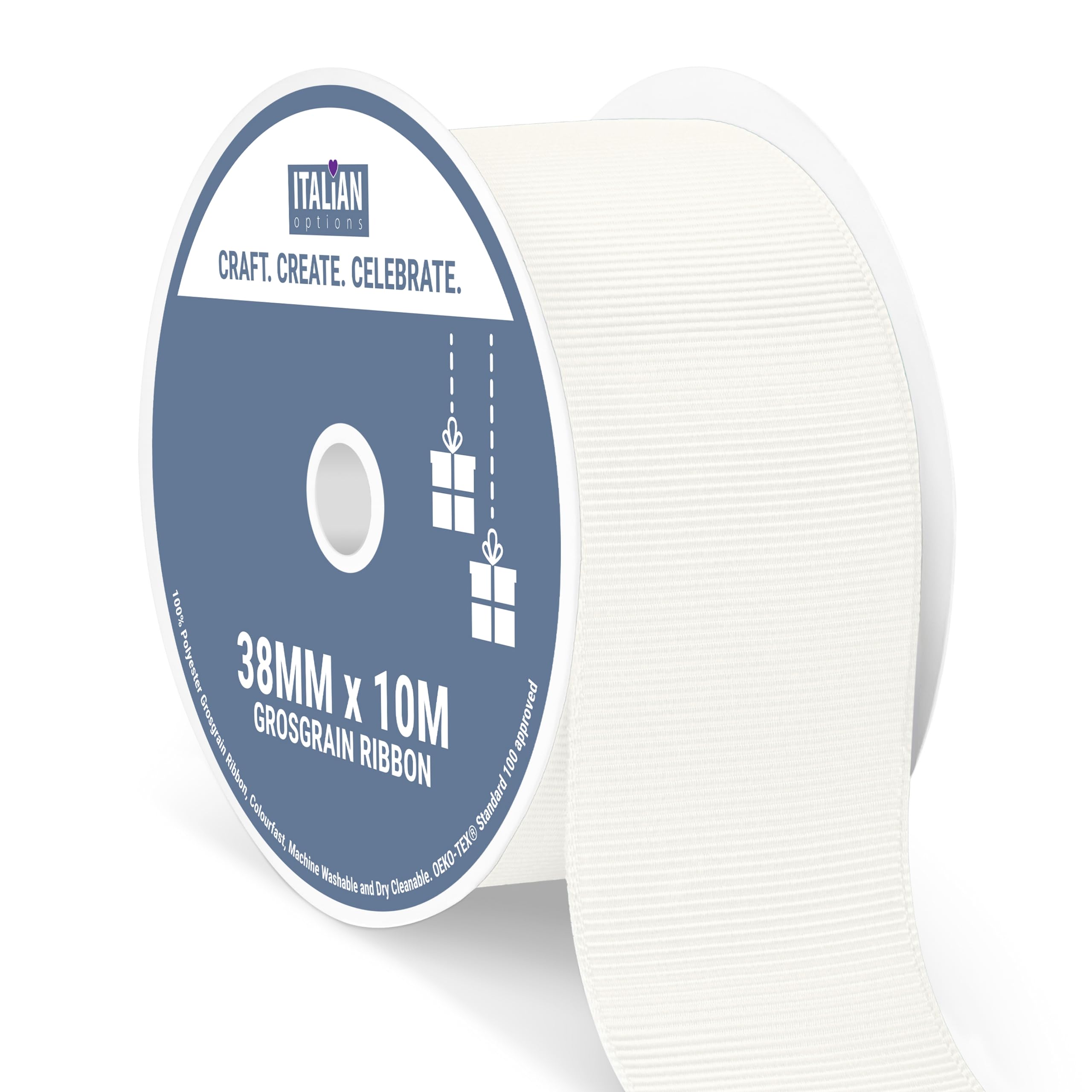 Italian Options Grosgrain Ribbon 38mm, Strong Plain Ivory Ribbon for Bows, Wedding, Crafting, Sewing, Hair Accessories, Gift Wrap, 38 mm x 10 Metre Roll, Ivory