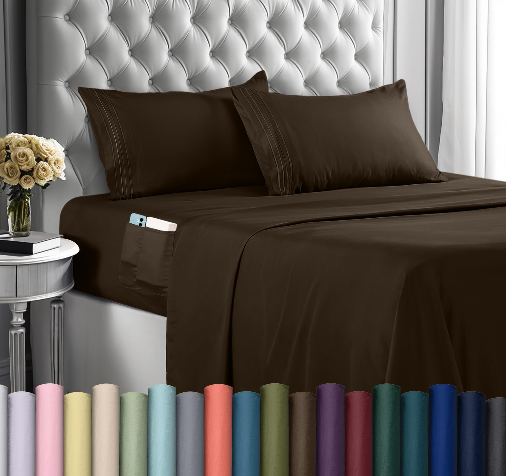 Utopia Bedding Queen Sheet Set, Soft Microfiber 4 Piece Hotel Luxury Bed Sheets for Women, Men, Kids & Teens with Side Storage Deep Pocket Fitted Sheet - Pillow Cases - Flat Sheet (Brown)