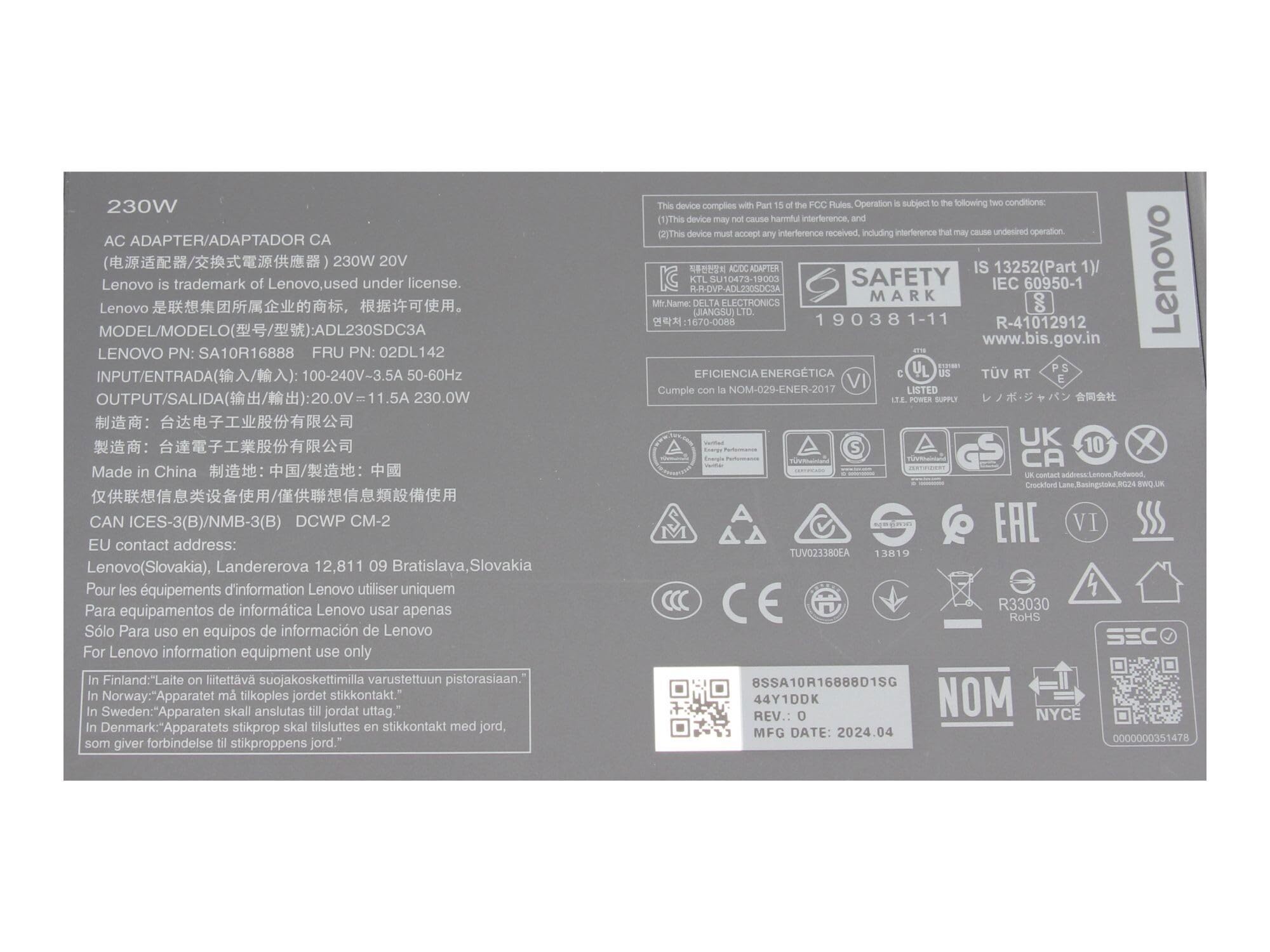 Lenovo 02DL143 Original Netzteil 230,0 Watt kleine Bauform für Legion 5-15ACH6H (82JU),15ARH05H (82B1),15IMH05H (81Y6/(82CF), 17ACH6H, 17ARH05H, 17IMH05H, 17ITH6H
