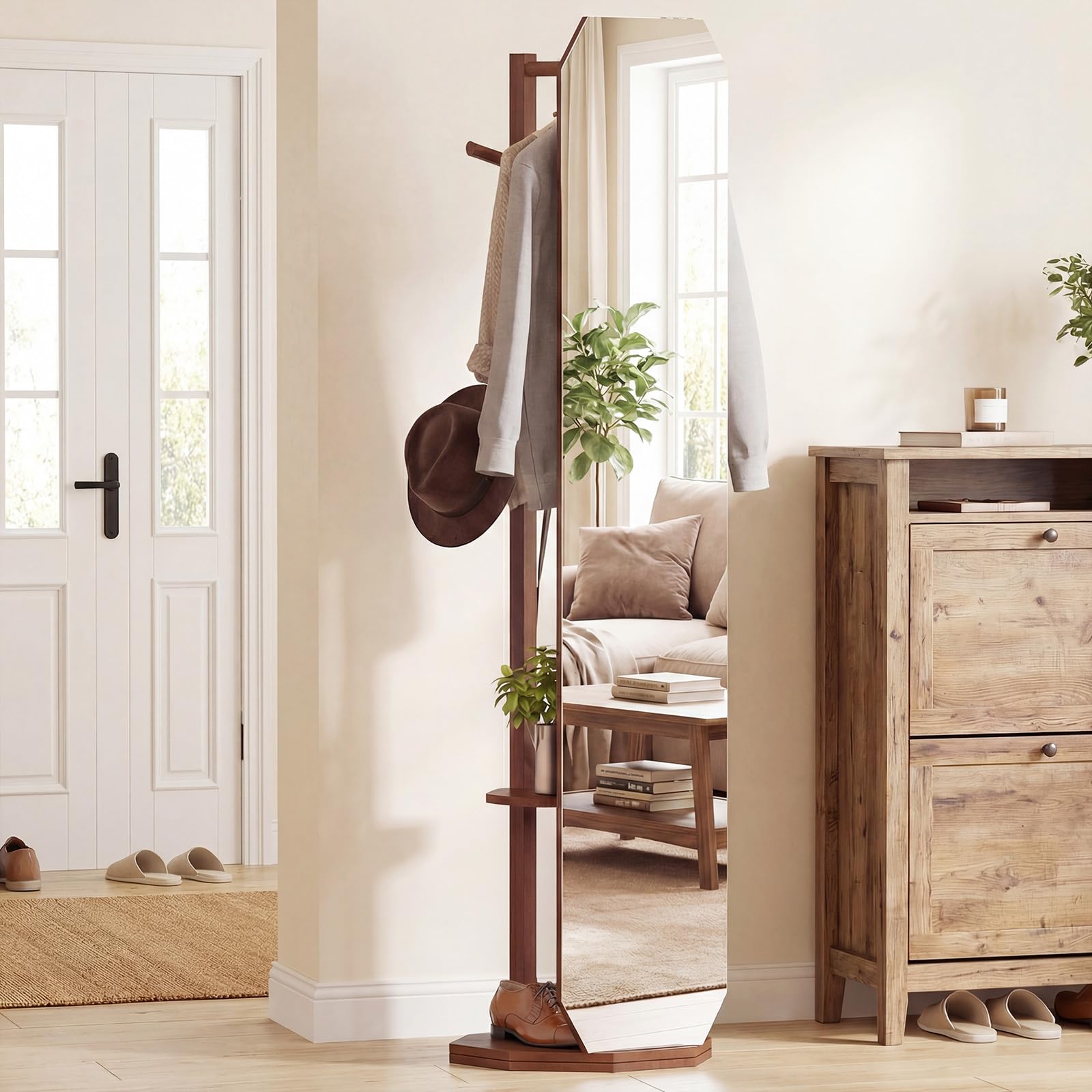 COSTWAY Miroir sur Pied, Grand Miroir avec Porte-Manteau, Base Pivotante à 360°, Cadre en Bois Massif, 2 Étagères de Rangement, 4 Crochets, Barre, pour Chambre Salon (39,5 x 39,5 x 166,5 cm,Noyer)