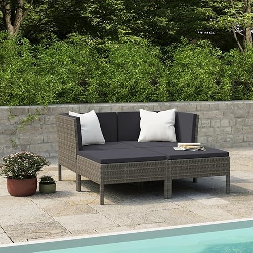 Miniatura 3 de vidaXL Juego de 4 piezas de ratán de polietileno para patio, color gris, resistente a la intemperie, diseño modular, comodidad acolchada, fácil de