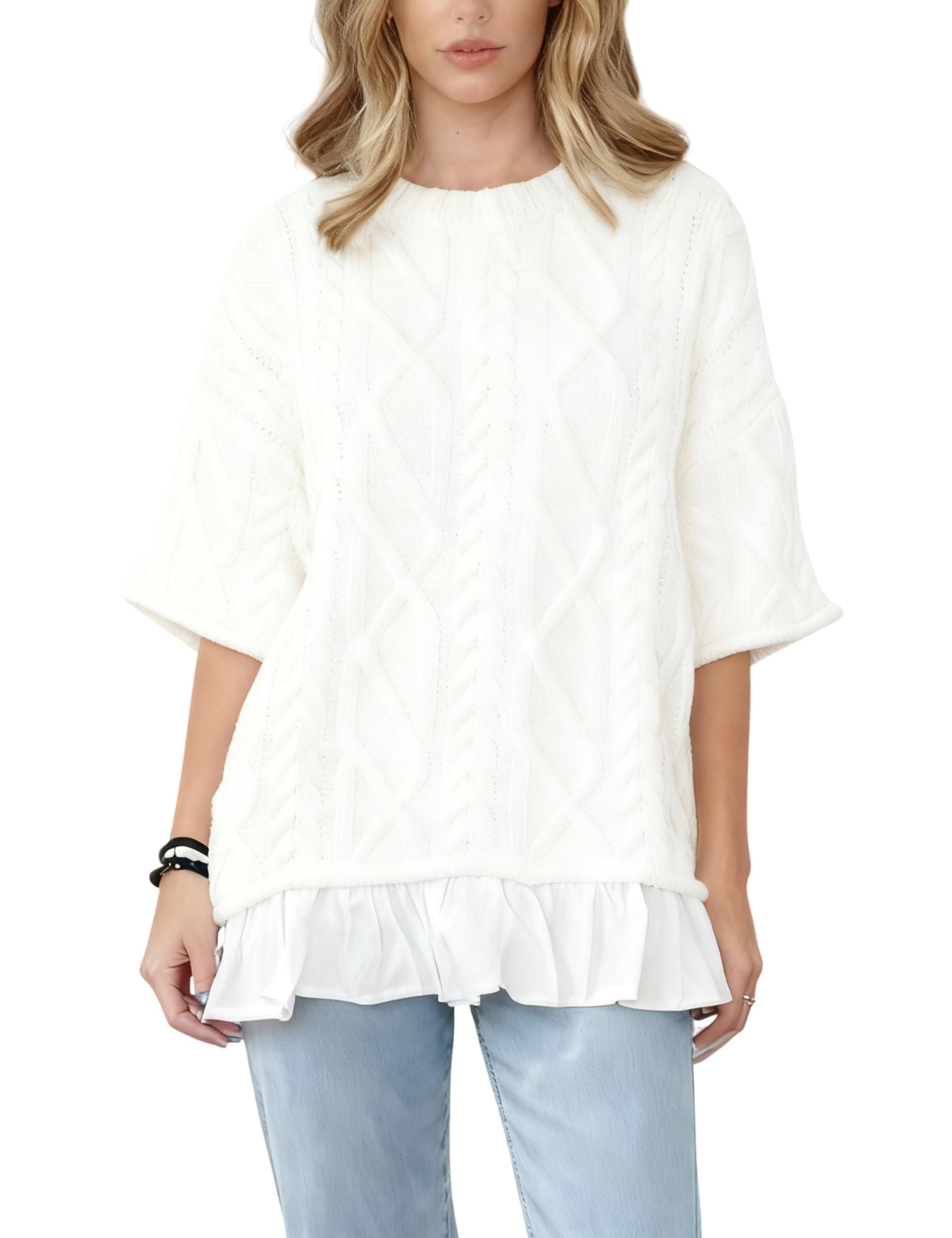 Bankeng Womens Cable Knit Sweater Short Sleeve Crewneck Ruffled Hem Patchwork Pleated Knit Pullovers Top