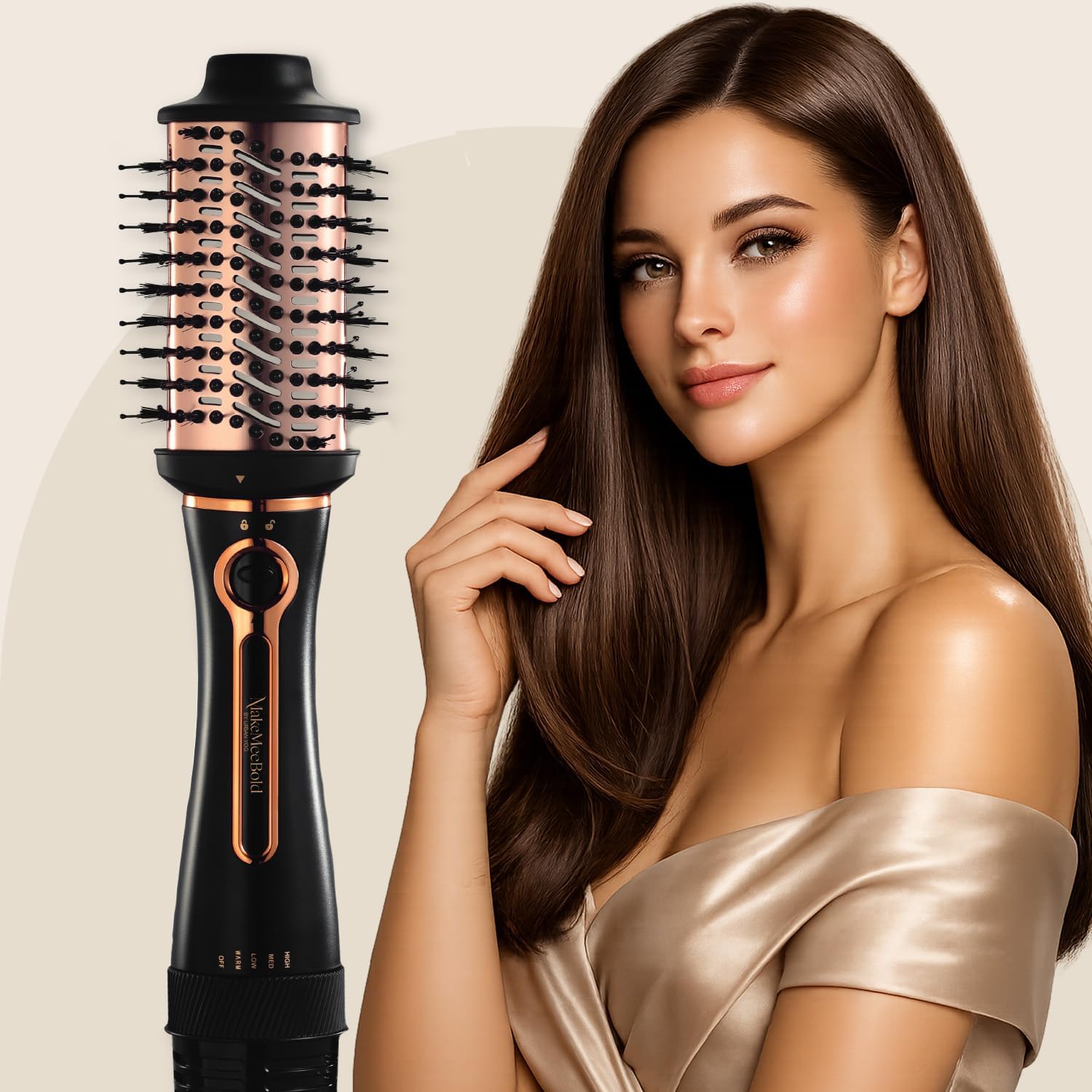 3-In-1 Professional Volumizer Hot Air Brush (1200W), Hair Blow-Dryer, Straightener, Curler For Women, Makes Hair Fluffy, Shiny In No Time, 1 Year Warranty - Golden, 1200 Watts