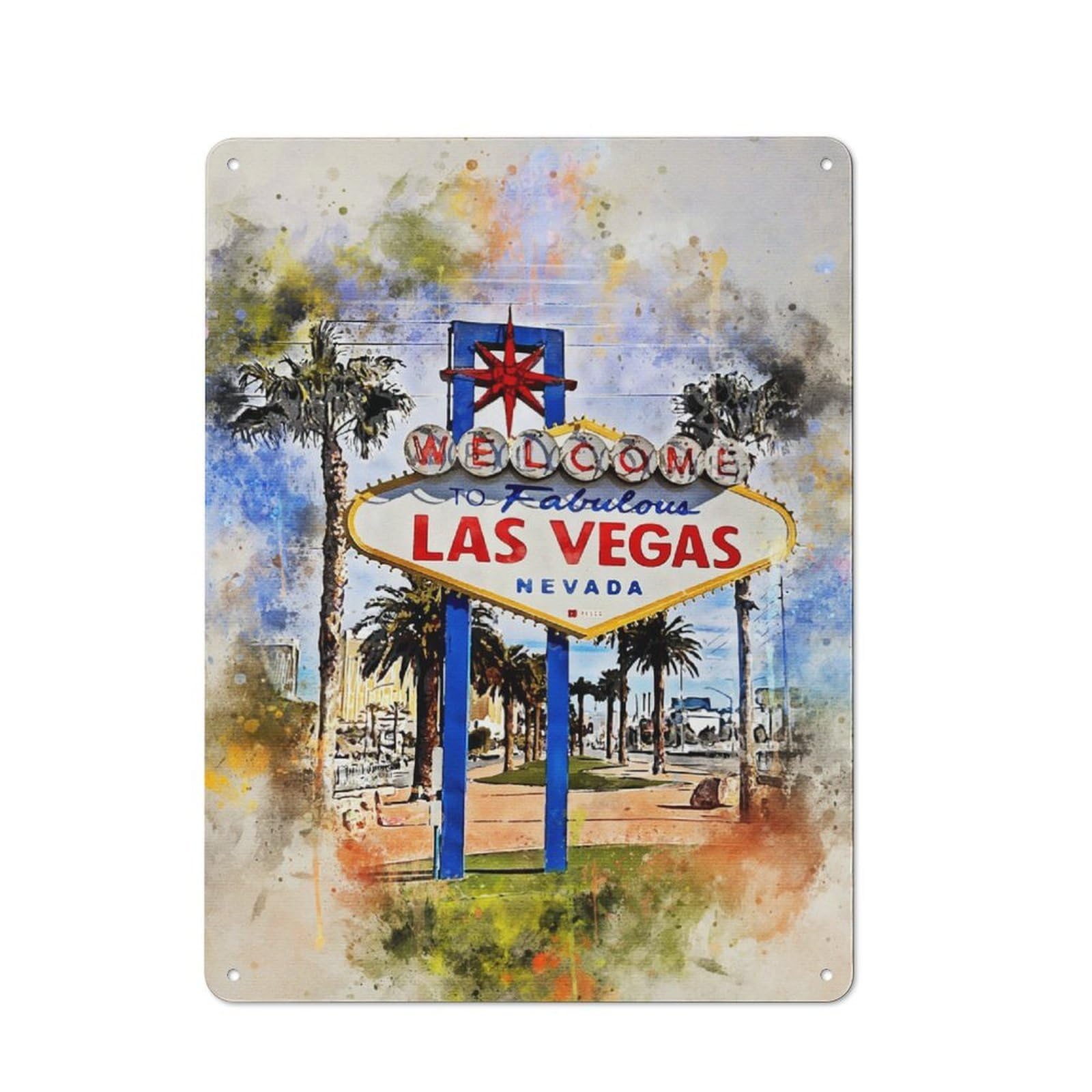 Junmoney Las Vegas In Watercolor For Lounge Or Reading Corner, Rustic Tin Sign 40X30cm, For Home Interiors, Feature Walls And Decorative Displays
