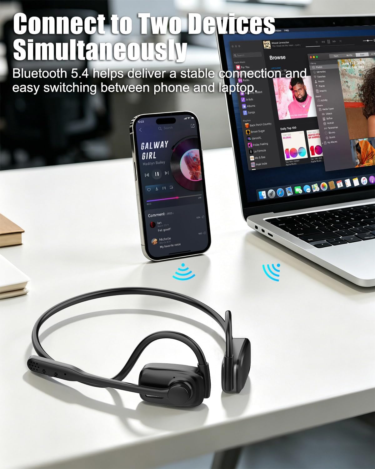 Wireless Headset with Mic, Bluetooth V5.4 Wireless Headphones with Noise Cancelling Mic, Open Ear Headphones with Mute Button, 12H Playtime, 15.4mm Drivers for Work/Office/Running/Cycling (Black)