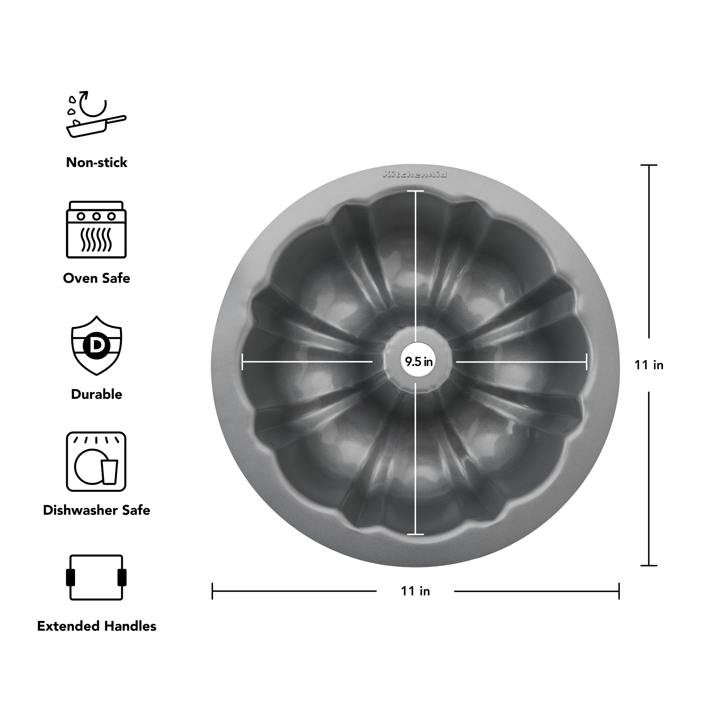 KitchenAid Moule à gâteau cannelé anti-adhésif en acier aluminisé suisse, passe au lave-vaisselle, contour argenté, 22,9 cm