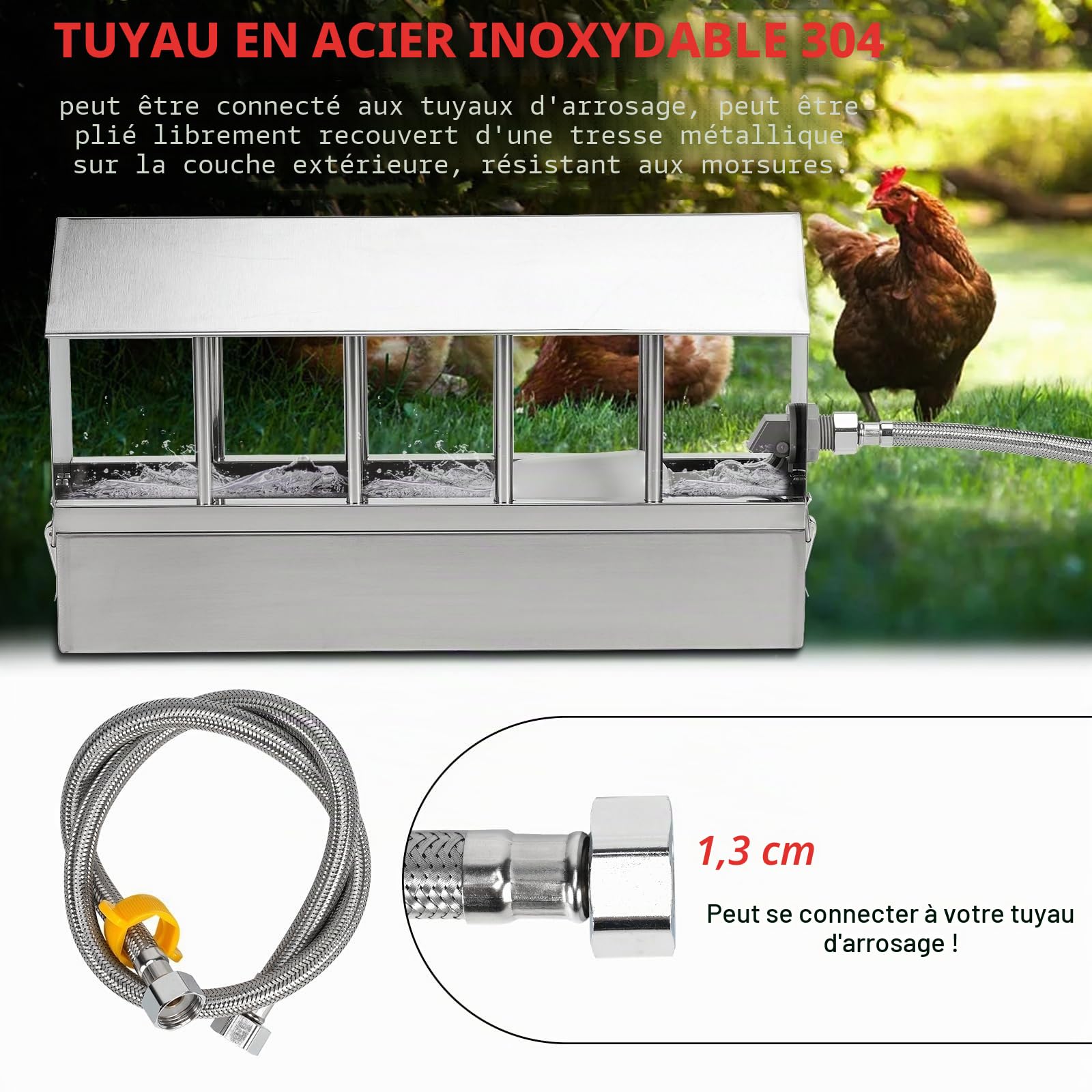 Abreuvoir Automatique pour Pigeon 2.6L Acier Inoxydable Volaille Automatique Abreuvoir Fontaine à Boire pour Pigeons avec Vanne à Flotteur de 1/2 Pouce et 80cm Tuyau Tressé