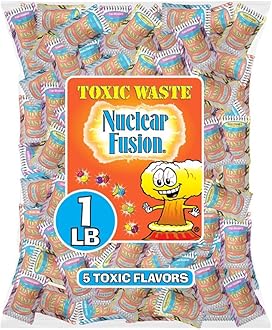 Nuclear Fusion Hazardously Sour Candy - Raspberry-Lemon, Pineapple-Passionfruit, Grape-Strawberry, Banana-Blueberry, & Orange-Apple Flavors - 1 lb. Bag