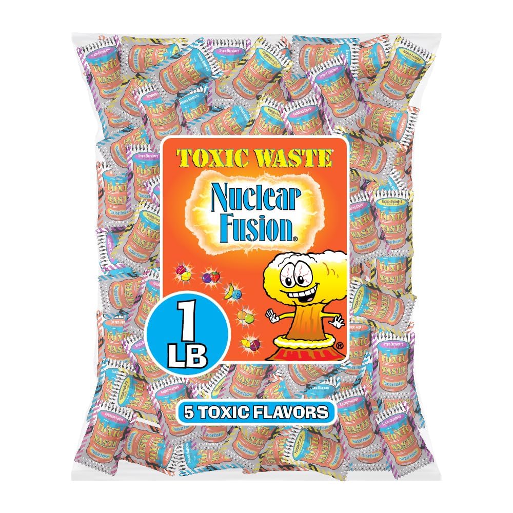 TOXIC WASTE - Nuclear Fusion Hazardously Sour Candy - Raspberry-Lemon, Pineapple-Passionfruit, Grape-Strawberry, Banana-Blueberry, & Orange-Apple Flavors - 2 oz. Peg Bags - 12 Pack