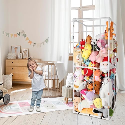 Miniatura 2 de VZIUDYN Soporte grande de almacenamiento de animales de peluche en el zoológico, estante organizador de almacenamiento de felpa de PVC con banda