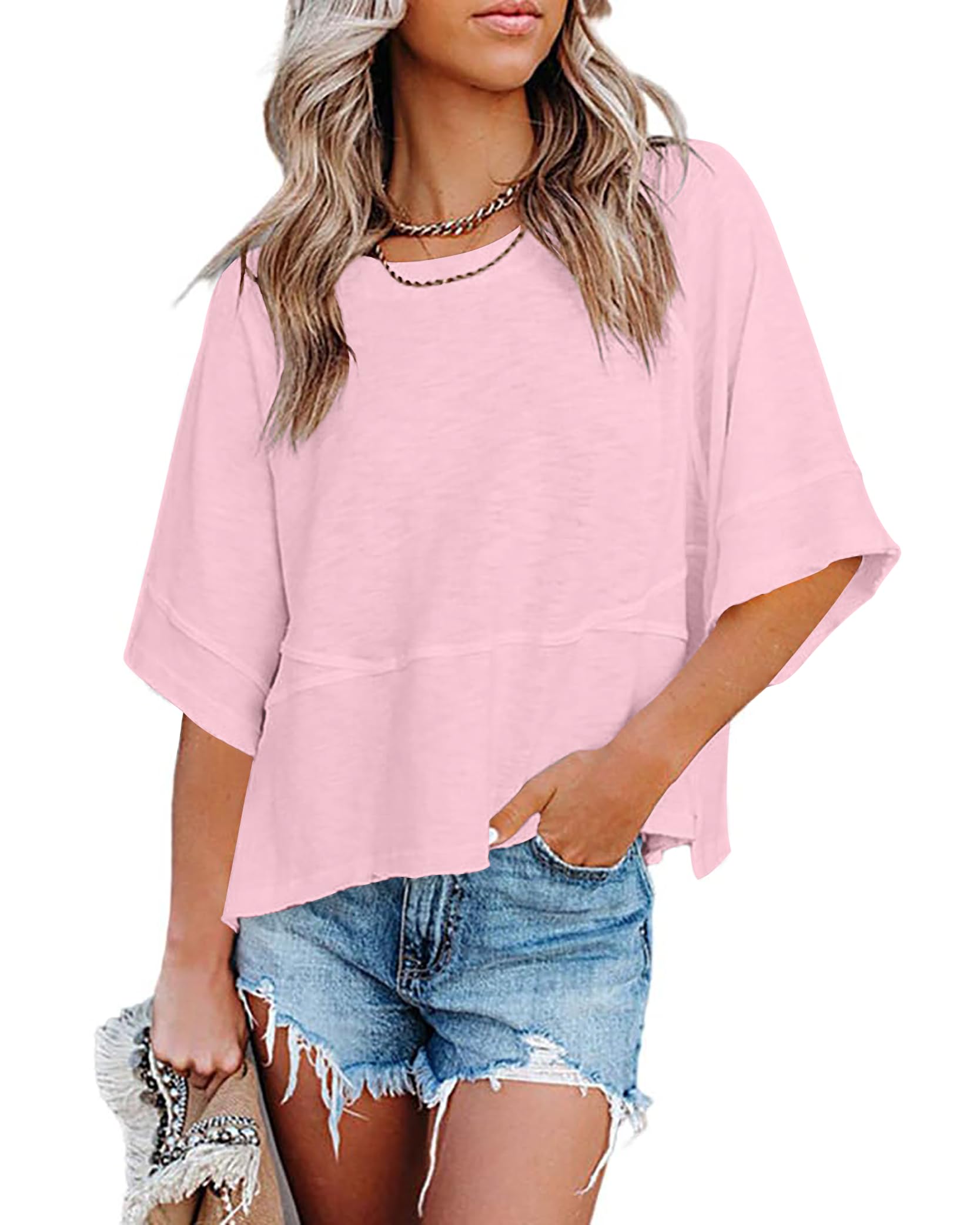 DUOEASE Tshirt Damen Rundhals Kurze Oberteile Damen Casual Locker T Shirt Basic Einfarbig Sommer Top