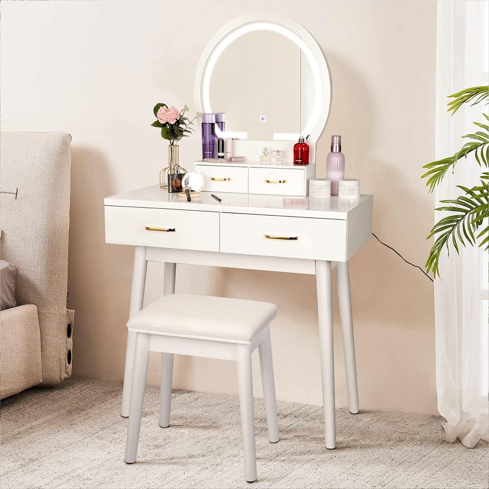 SMOOL Vanity Desk with Lighted Mirror - 3 Color Lighting Modes Adjustable Brightness, 4 Drawers Makeup Table with Soft Cushioned Stool for Bedroom Studio, White