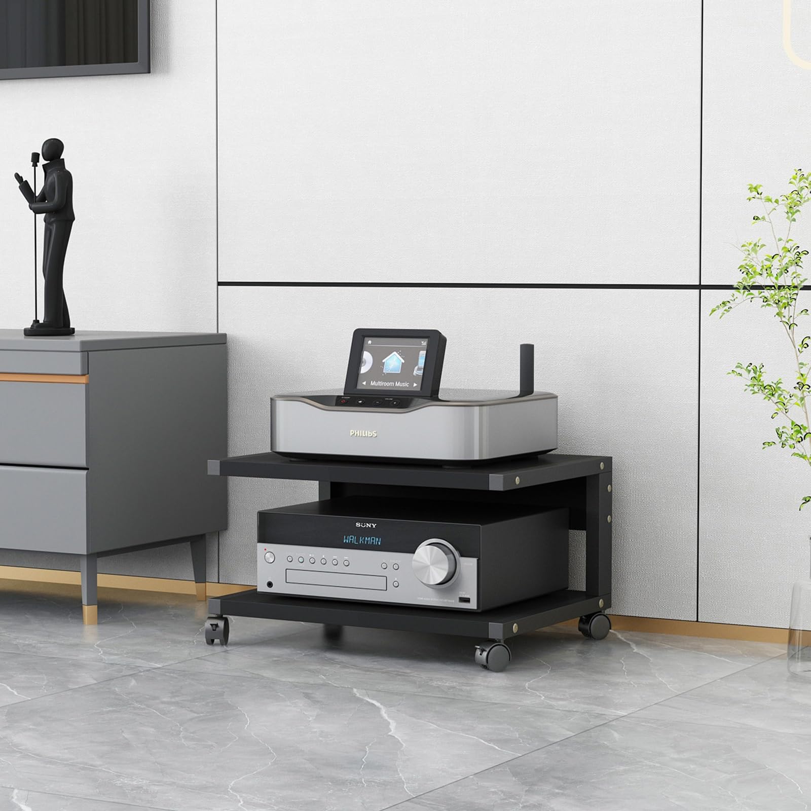 Mobile Audio Hifi Supporto Mdf,2 Livelli Mobile Rack Hifi,Dispositivi Di Streaming,Mobile Audio Hi-Fi Per Altoparlanti Rack Con Ruote Universali,Audio Av Tower,Ripiano Av Componenti Audio Video(Black,