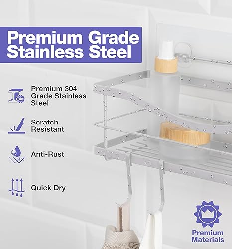 Miniatura 2 de KINCMAX Organizador de ducha y soporte para jabón, acero inoxidable SUS304 a prueba de óxido, montaje en pared adhesivo, cestas dobles, paquete de 3