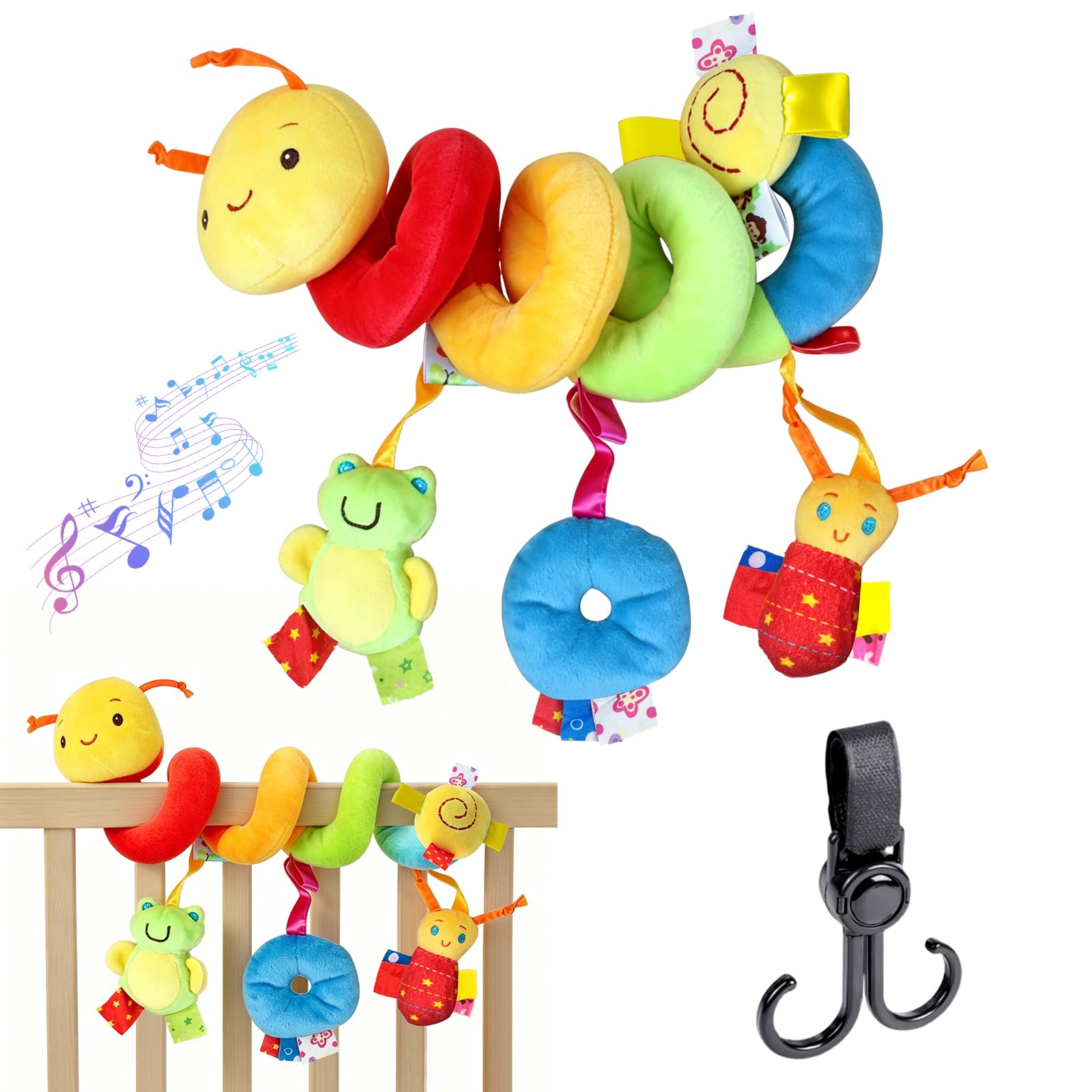 KASURE Spiral Pram Toys for Babies, Car Seat Toys with Rattles for 0 3 6 9 12 Month Soft Baby Hanging Spiral Activity Toy Wrap Around Crib Mobile Stroller Newborn Girls Boys Sensory Gift