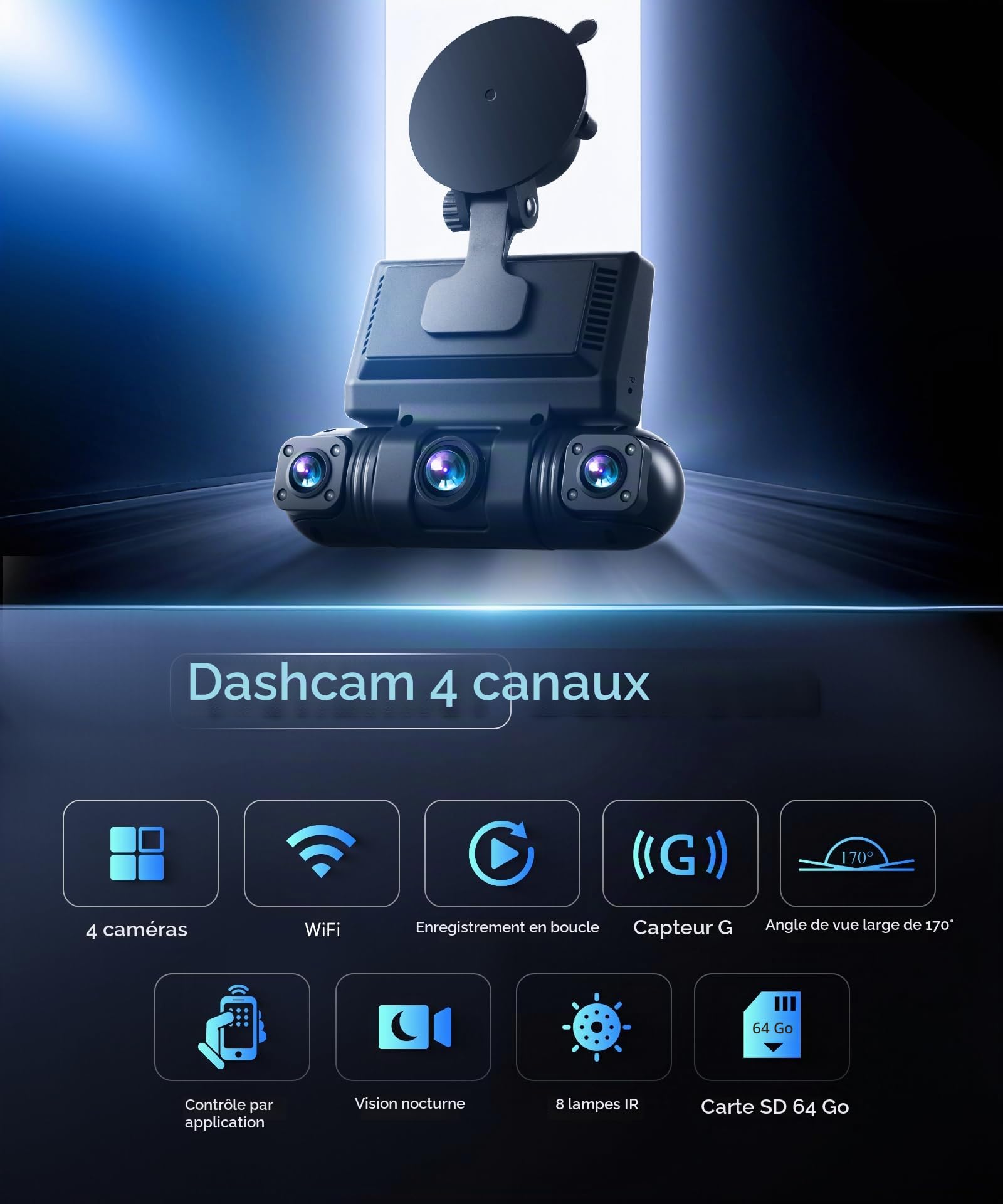 VECHTEL Dashcam Voiture 2K avec Wi-FI,4 caméras embarquées 1080P avec écran IPS 3 Pouces, Vision Nocturne, accéléromètre, Protection à 360 degrés, avec Une Carte de 128 Go,G-Capteur