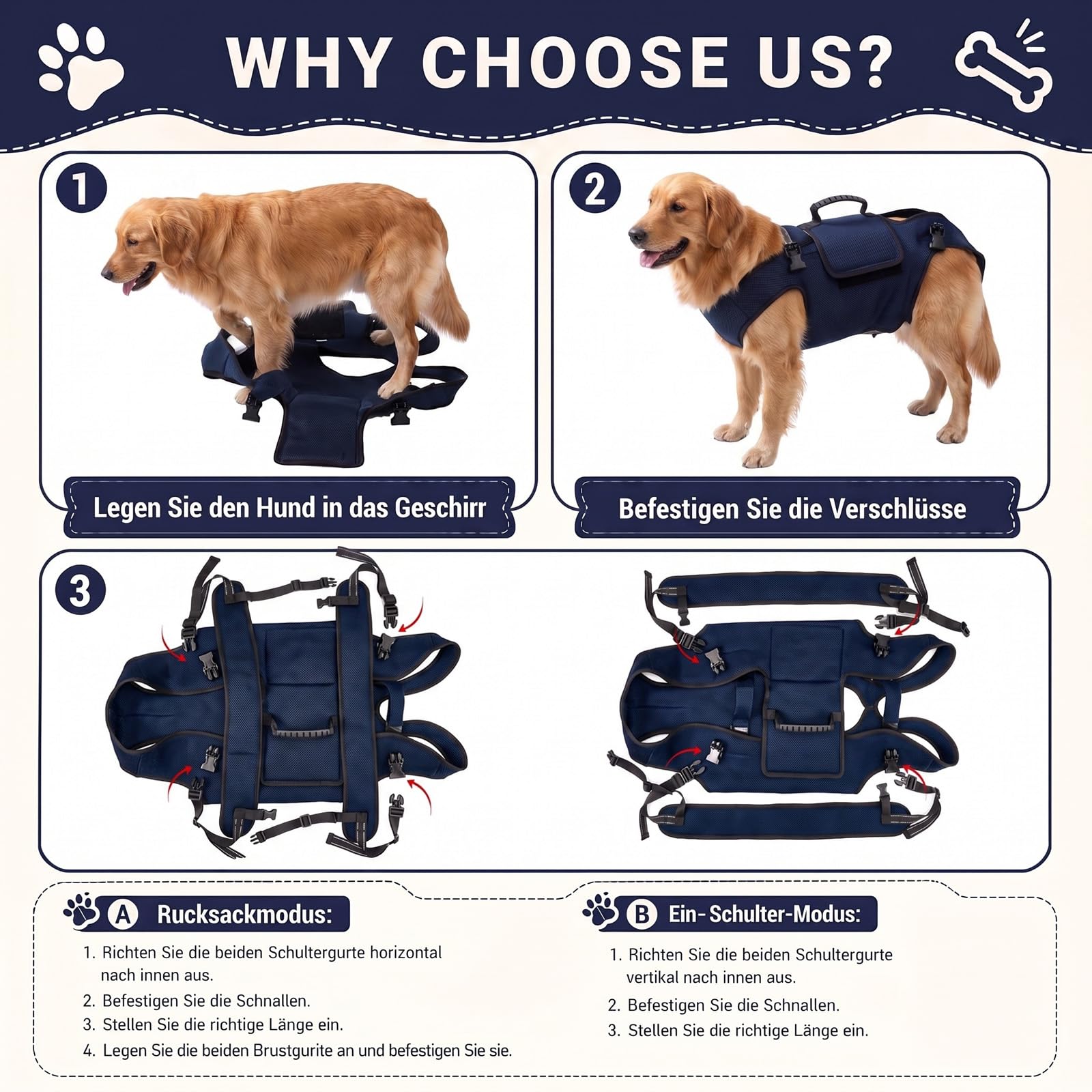 Transportador para perros grandes, bolsa de transporte para perros de cuerpo completo con correas ajustables y asa, mochila de apoyo transpirable para perros mayores, heridos o