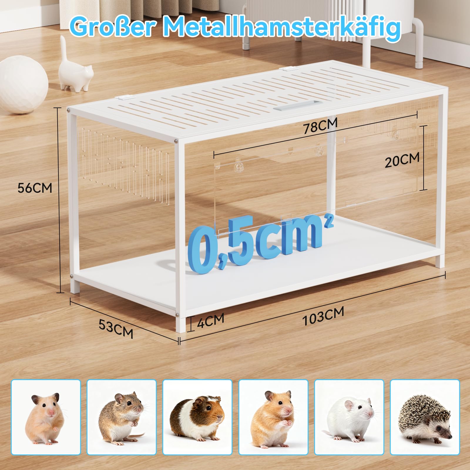 BORISI Hamsterkäfig – Metall Kausicher Atmungsaktiv Rattenkäfig mit Acrylplatten, Oben Offen&Doppeltür, 103L x 56W x 52H cm für Syrische Hamster, Rennmäuse, Meerschweinchen, 0,5m², Weiß