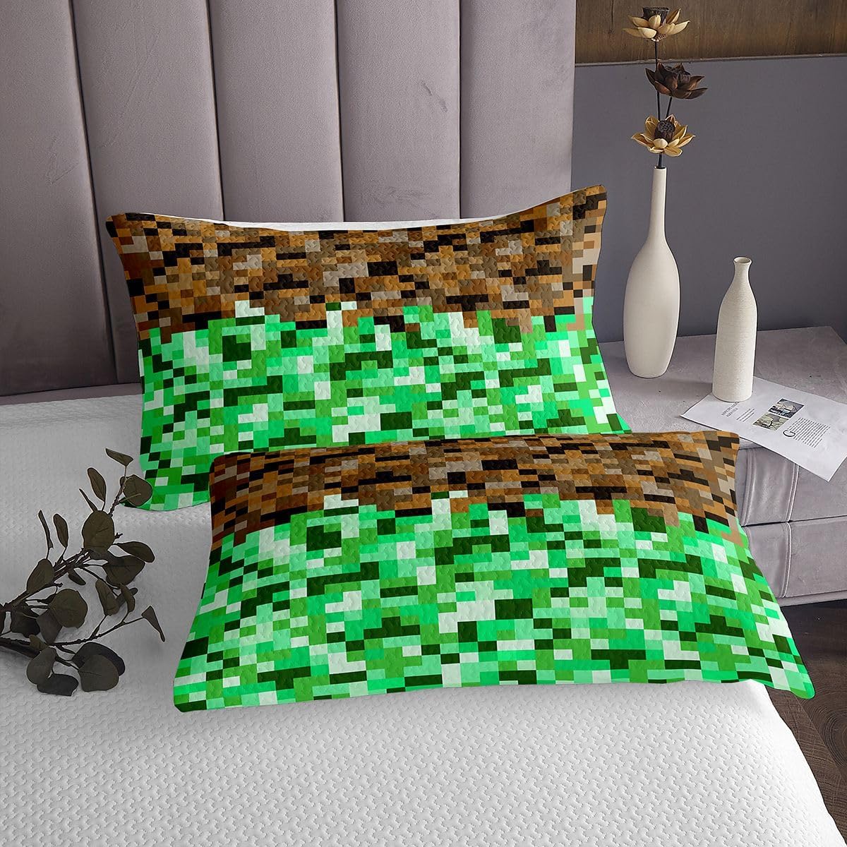 Pixelated Plaid Kids Bedspread Queen Size,Video Games Geometric Blocks Coverlet Set,Girls Boys Room Decor,Abstract Check Patchwork Quilted Coverlet,Green Brown Bedding Quilt,2 Pillowcases