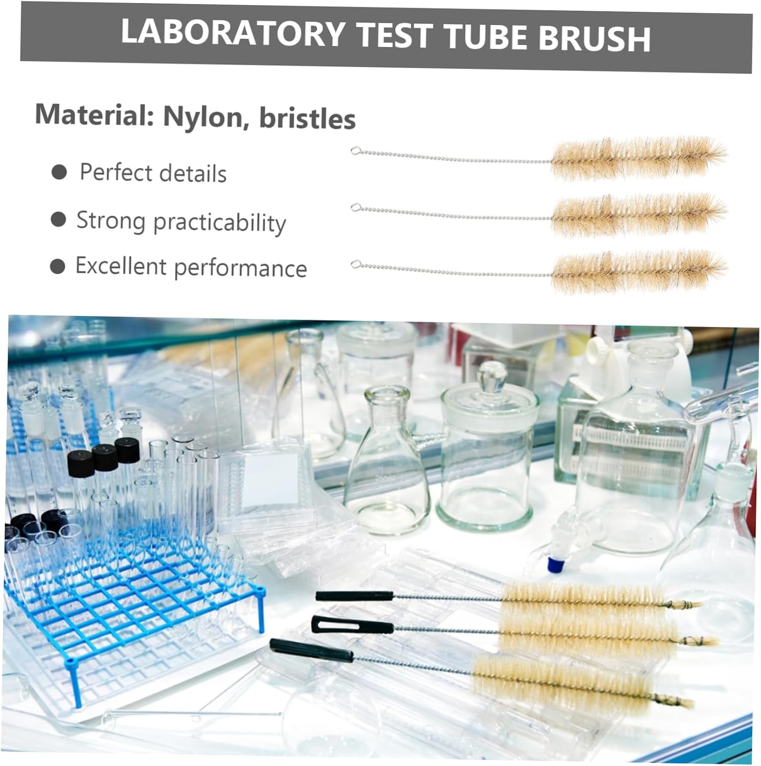 COLLBATH 10pcs Durable Nylon Tube Cleaning Brushes for Lab Use Cleaner for Test Tubes Bottles and Narrow Neck Containers Convenient Loop for Easy Storage