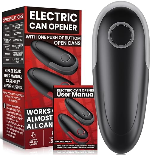 One Touch Electric Can Opener Fits All Can Sizes, Electric Can Openers for Kitchen Food Safe with Smooth Edge, Kitchen Gadgets Automatic Can Opener for Seniors, Arthritis and Chef（Black)