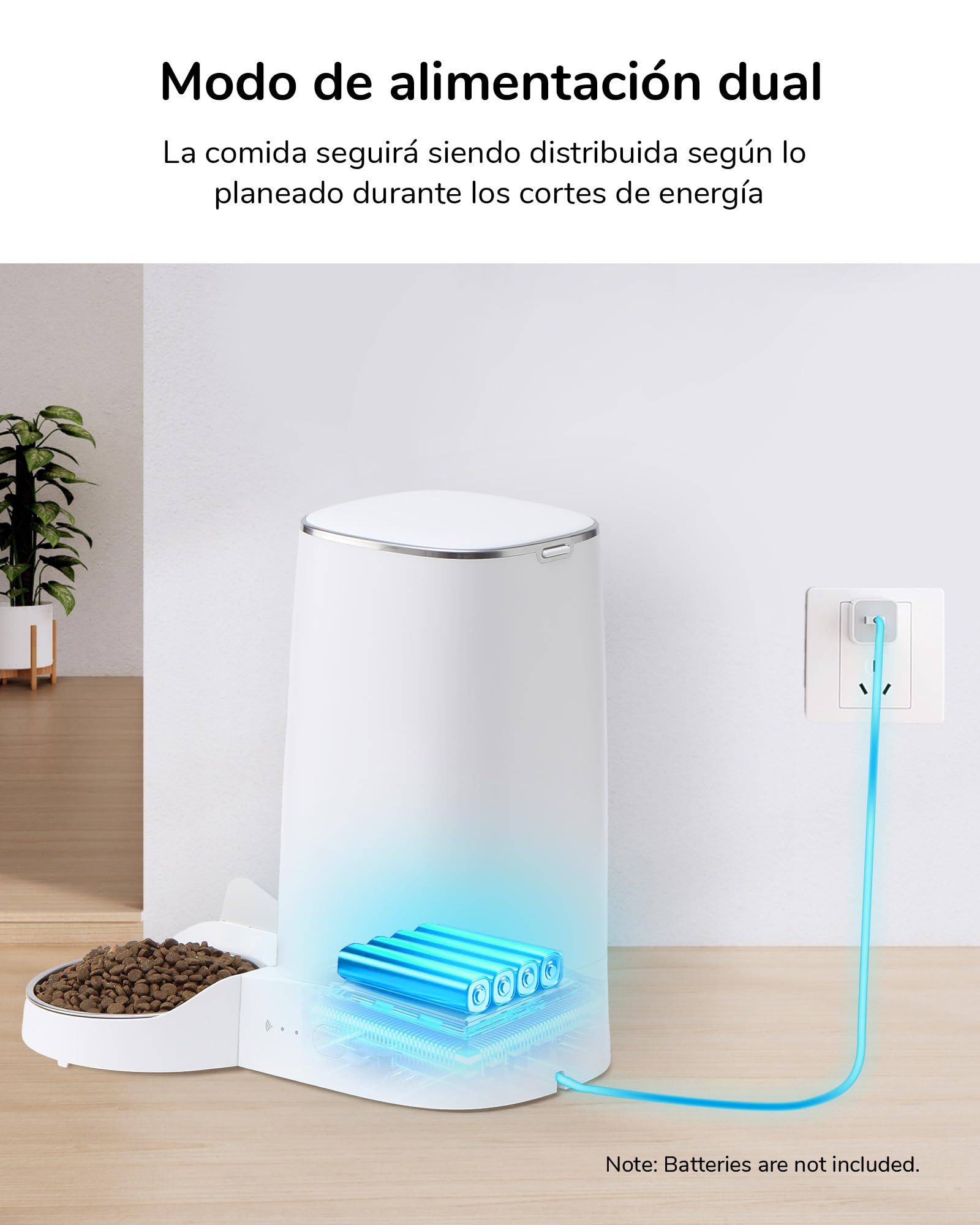 FUKUMARU Comedero Gato Automatico WiFi, 4L Dispensador Comida para Perro/Gato con Dos Cuencos, Programa Personalizado de Alimentación Automática, Funcionamiento por Pilas y cableado eléctrico, Blanco