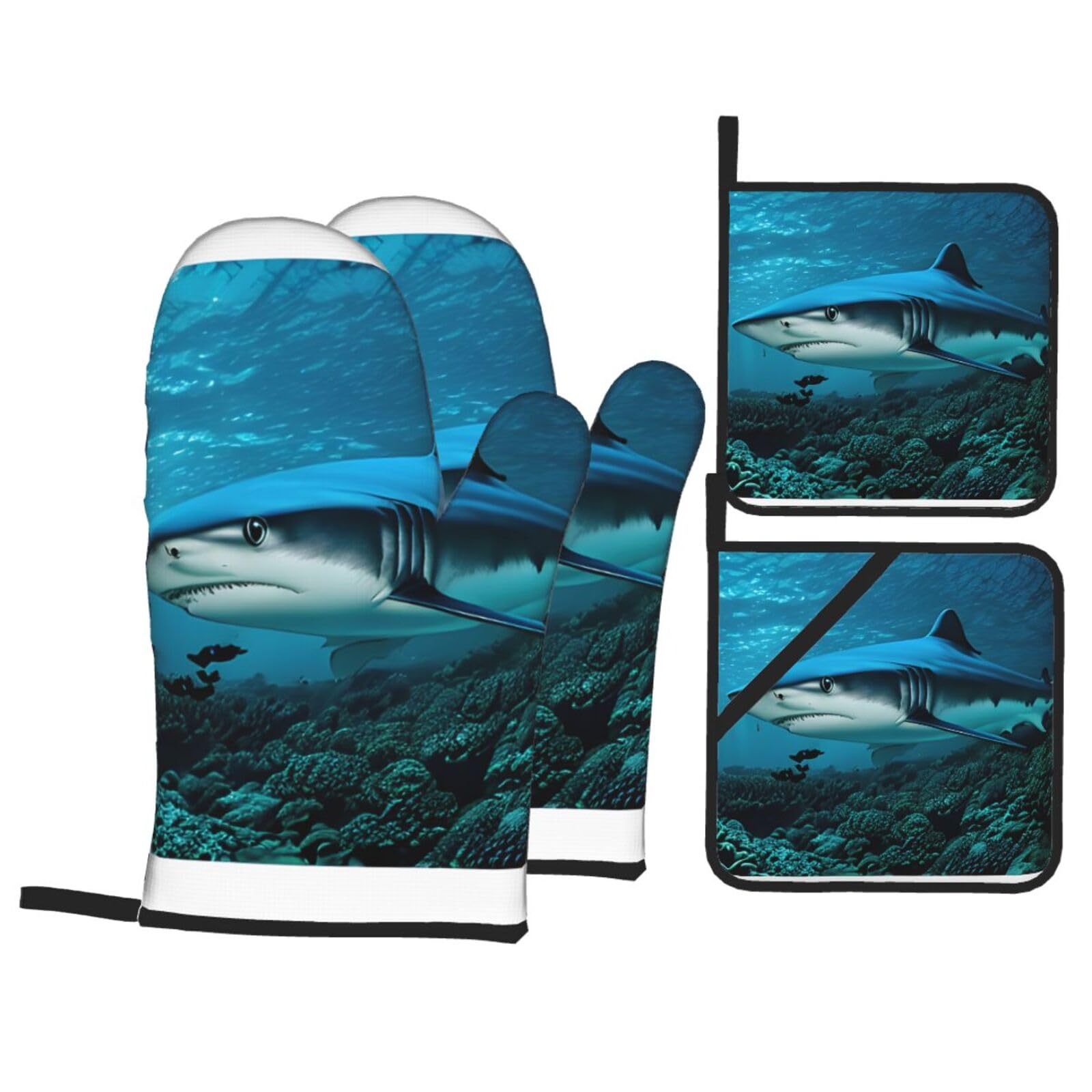 Blue Shark Print 4-Piece Oven Microwaving Set Kitchen Gloves for Holiday Cooking Baking Grilling