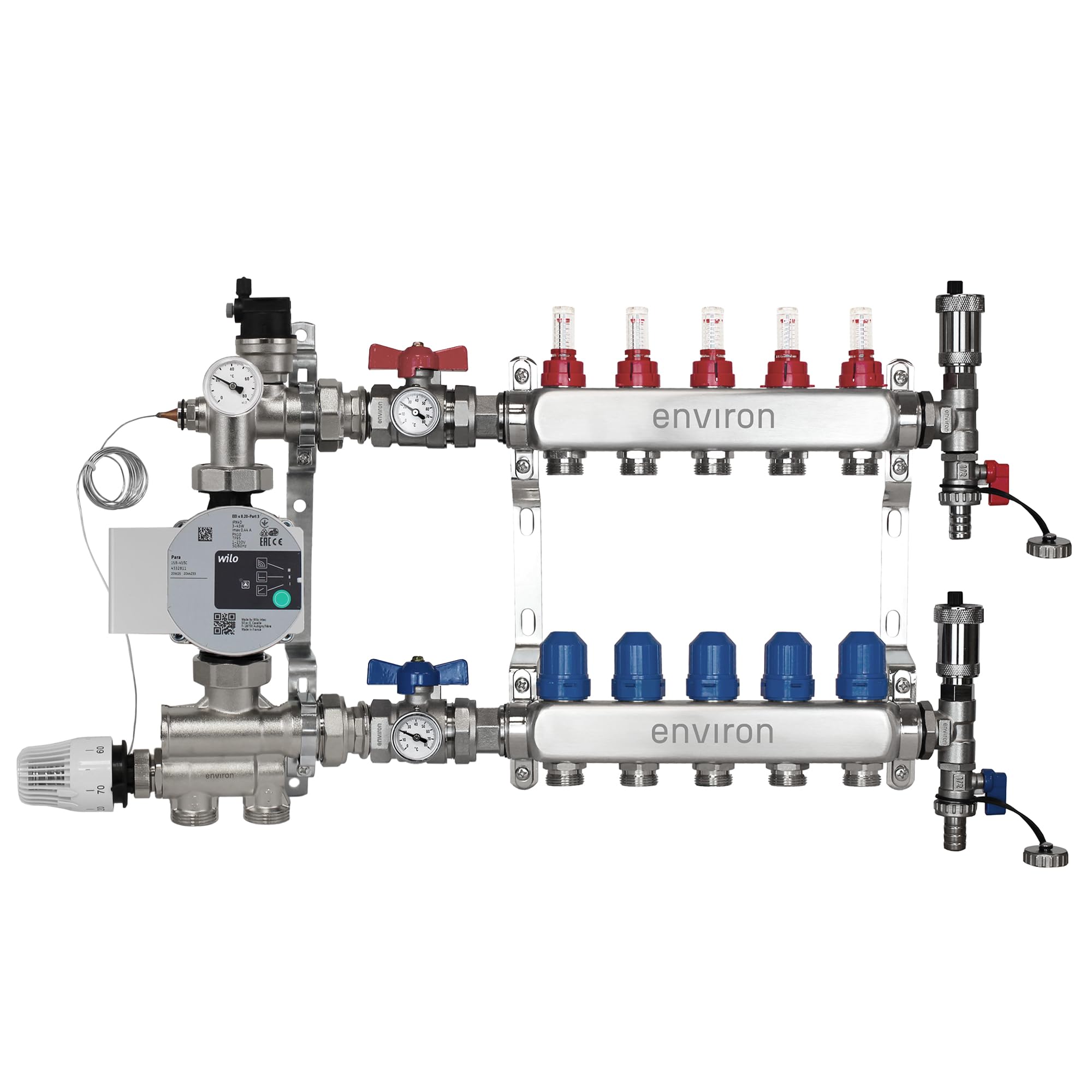 ENVIRON - Heating Circuit Distributor [2-12 Heating Circuits] with Fixed Value Control Set, Ball Valve Set and Quick Bleeder Set, High Efficiency Pump (Wilo Para 25/6, 5 Heating Circuits)