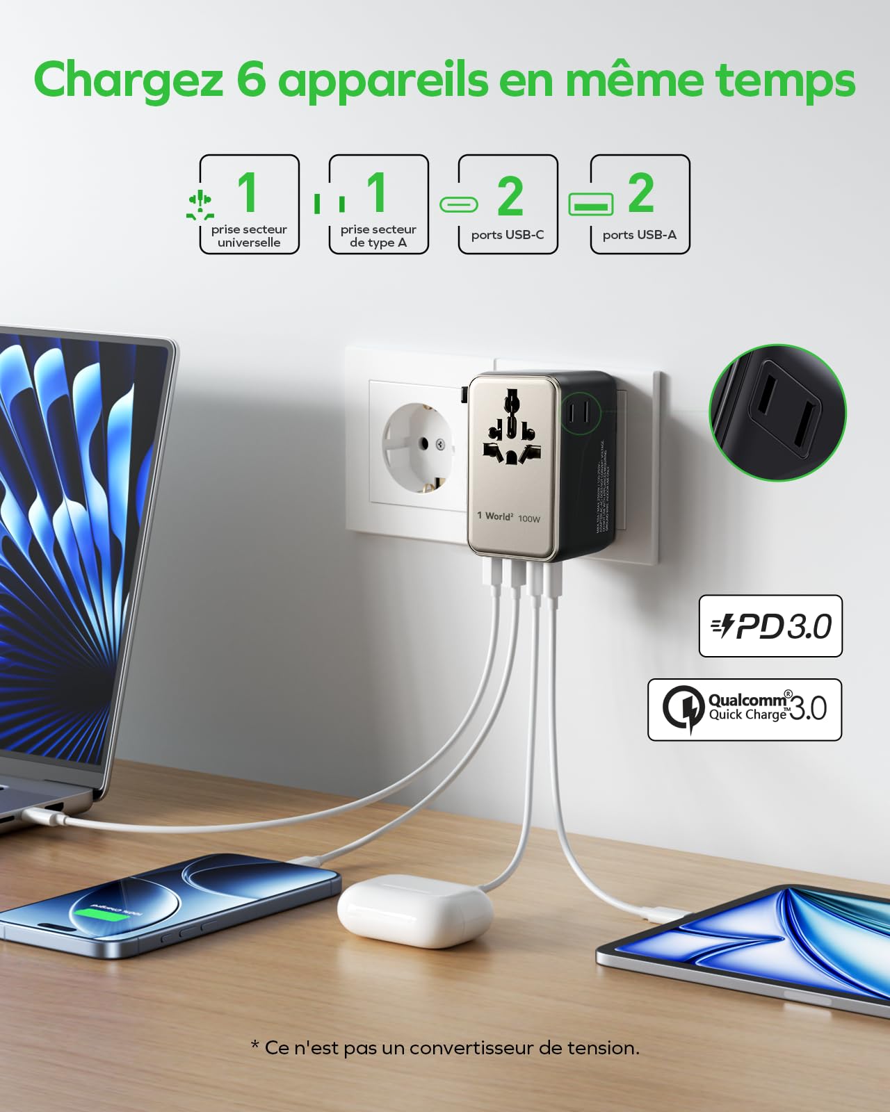 Chargeur Rapide Universel 100W GaN avec 2 Prises AC, 2 USB-C PD + 2 USB-A QC - Compatible avec Plus de 150 Pays dans Le Monde Entier (UE, États-Unis, Royaume-Uni, Japon, etc.) -Or