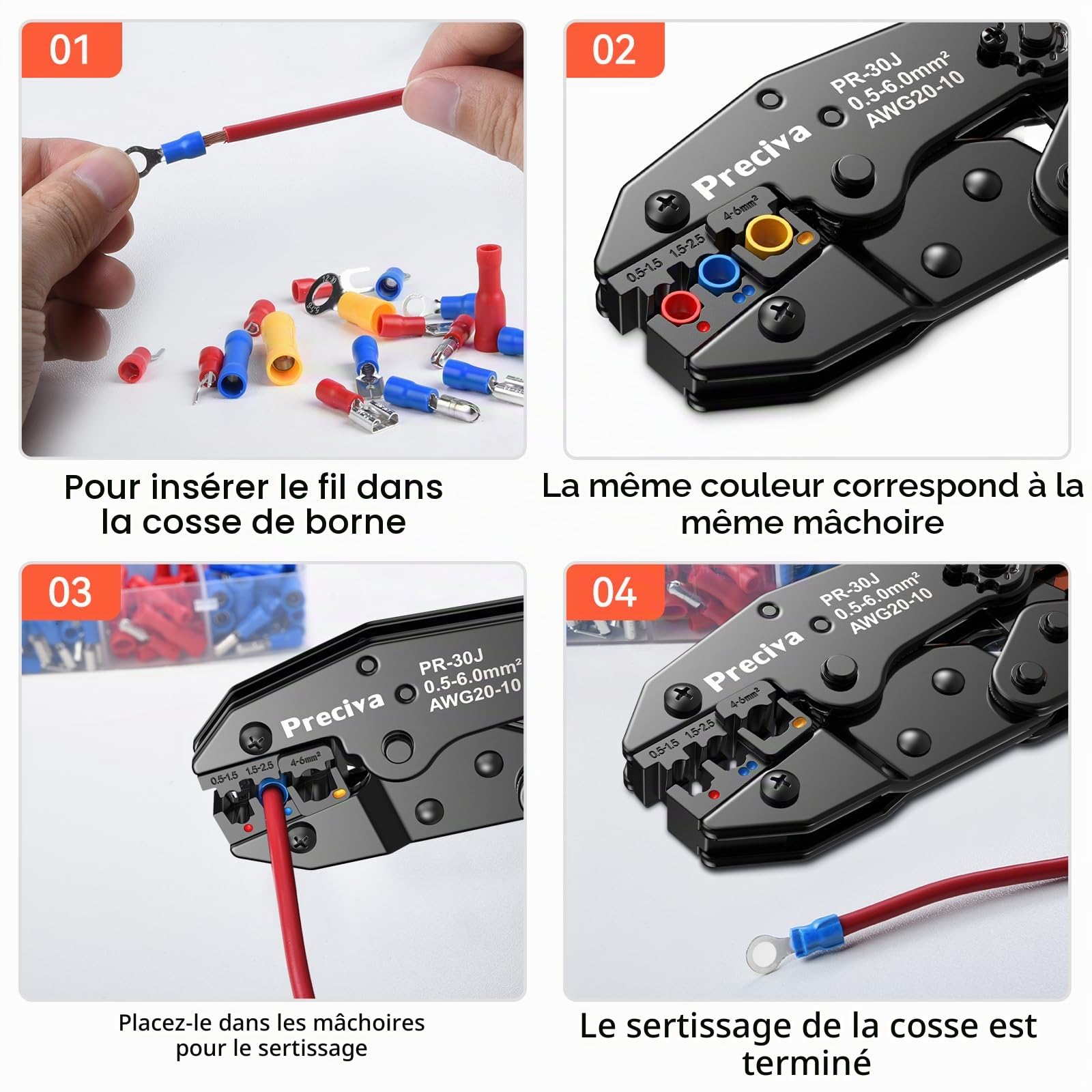 Pince à Sertir Preciva, 0.5-6mm², 18 Types, 400pcs Cosses Electriques, AWG20-10, Isolées pour Réparations Électriques