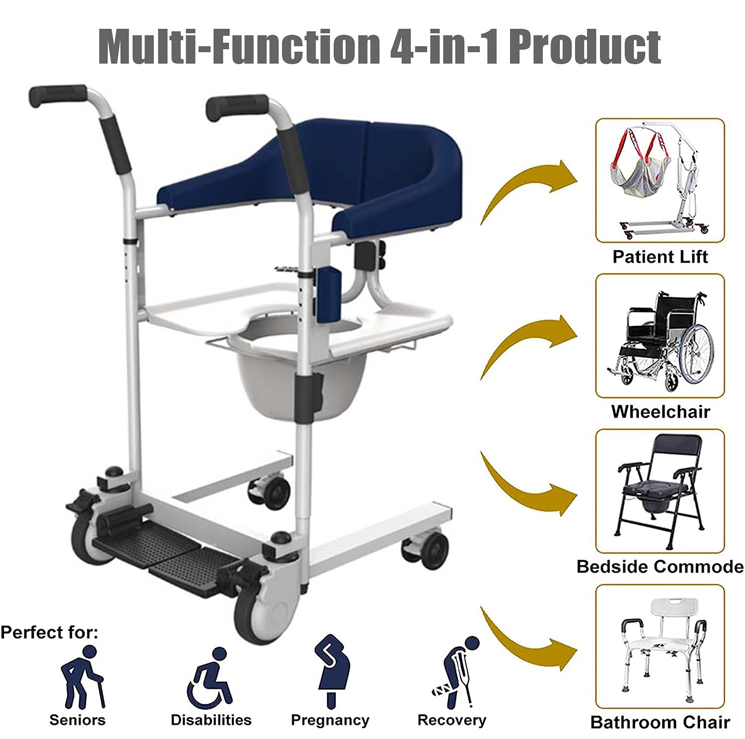 Elevador Transferencia Pacientes Multifuncional,Silla Baño con Inodoro para Ancianos Discapacitados,Silla De Ruedas Enfermería para Ancianos,Rueda Universal de 360 ​​°,BasicEdition-Blue