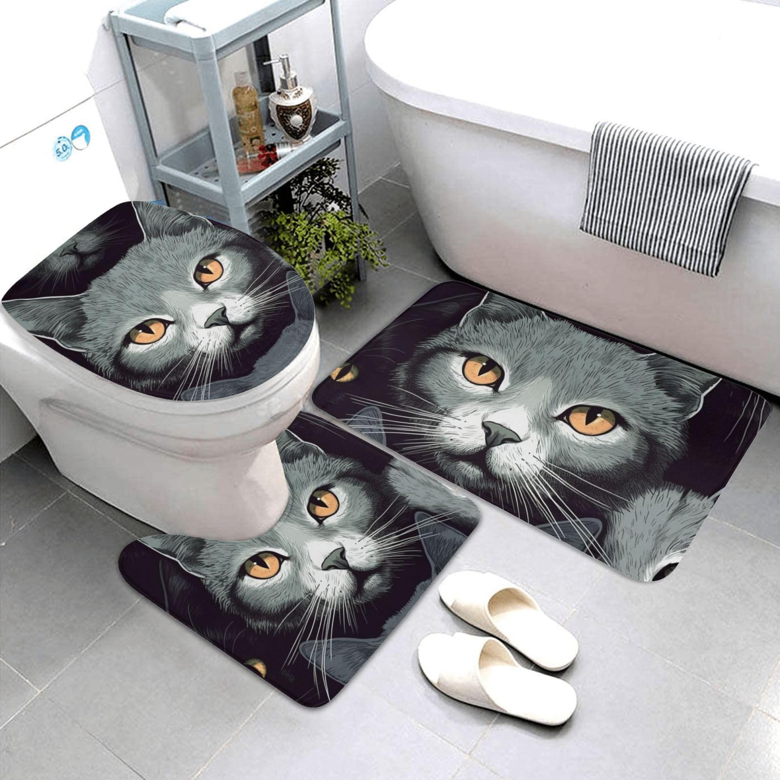 Dwrepo Cats Print Bathroom Rug Set 3 Piece with Non-Slip U-Shaped Contour Mat and Toilet Lid Cover for Bathroom Decoration