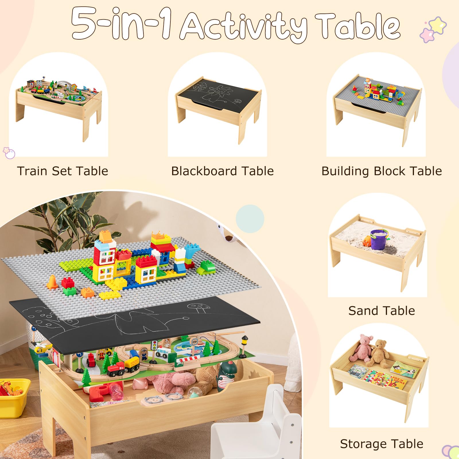 GOPLUS 100Pcs Table Circuit de Train Enfant en Bois, 2 en 1 Table Rail de Train Enfants 3 + Ans Pistes Tiroir de Rangement, pour Garçons et Filles 3 Ans+ (79x51x15CM|100 PCS)