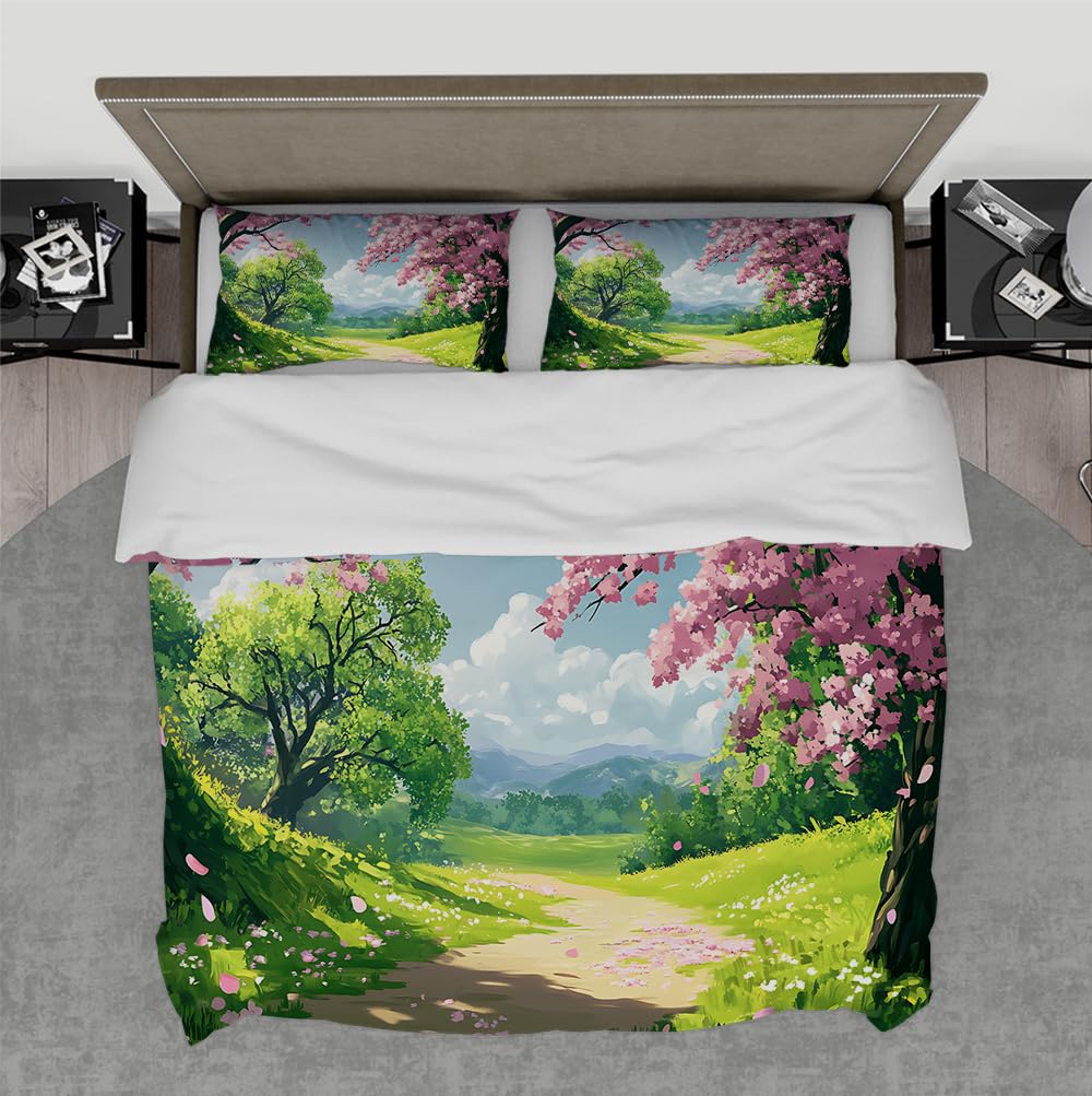 Housse couette motif printemps 200x220 parure lit fleur rose vert