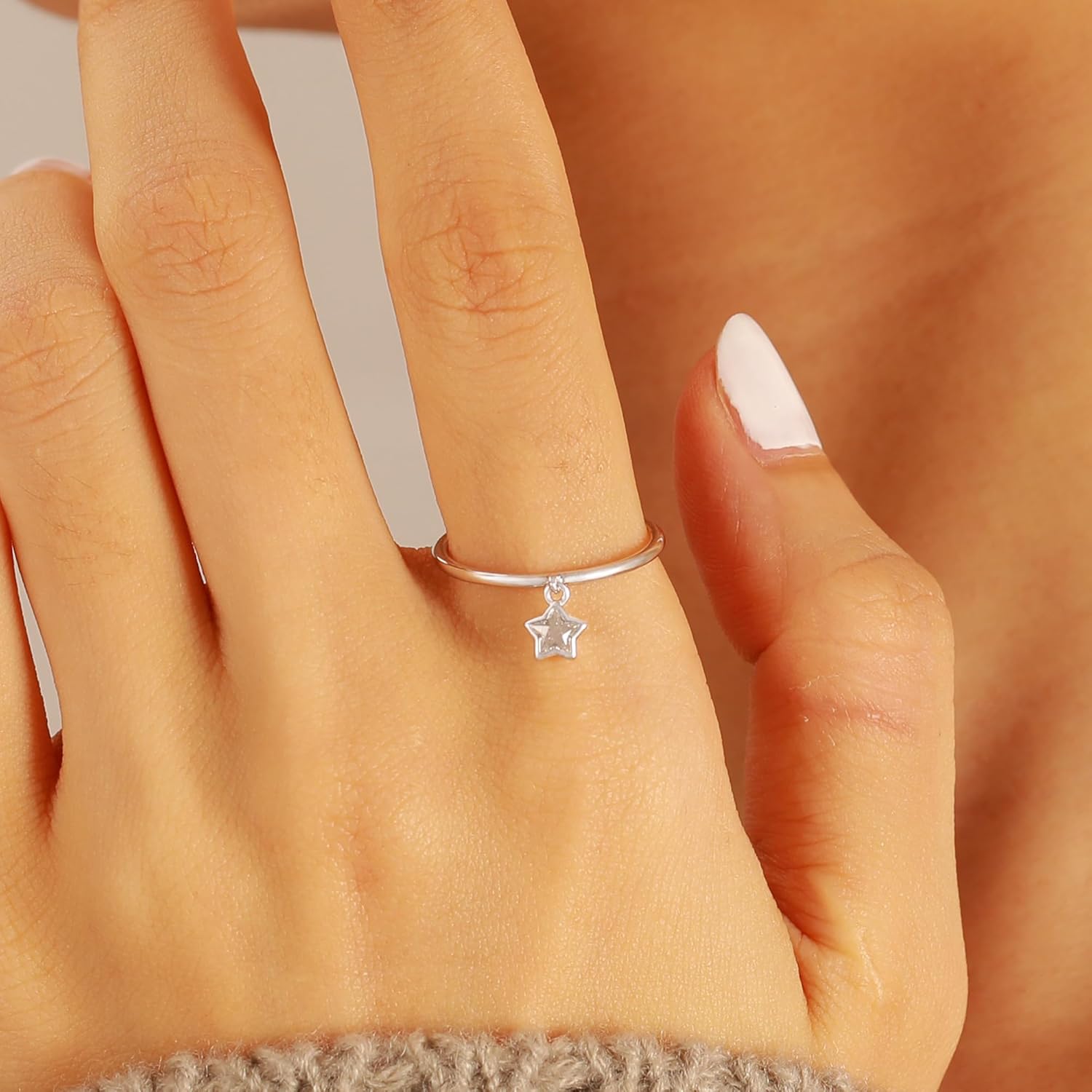 XAYAH 925 Sterling Silver Dainty Star Dangle Promise Ring for Women CZ Crystal Dangling Charm Stacking Ring Statement Engagement Rings Wedding Band Minimalist Valentine's Day Jewelry Gifts for Her - Image 4